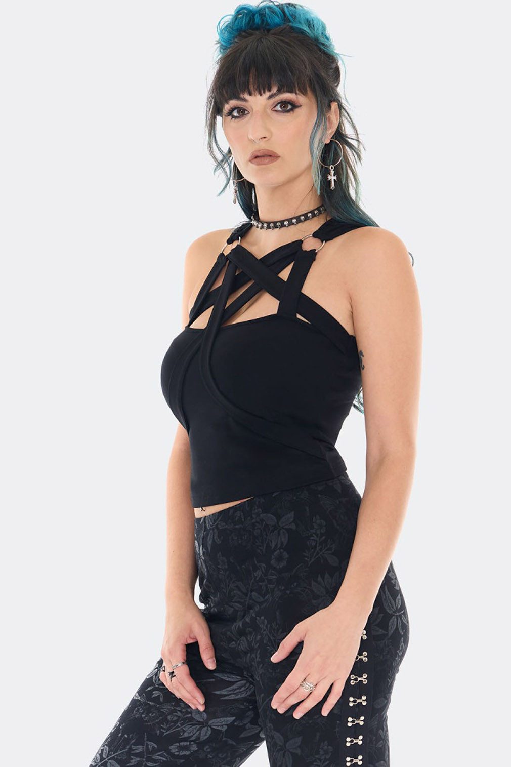 Jawbreaker Crop-Top Gothic Pentagram Strap Goth Grufti Okkult Bauchfrei Oberteil