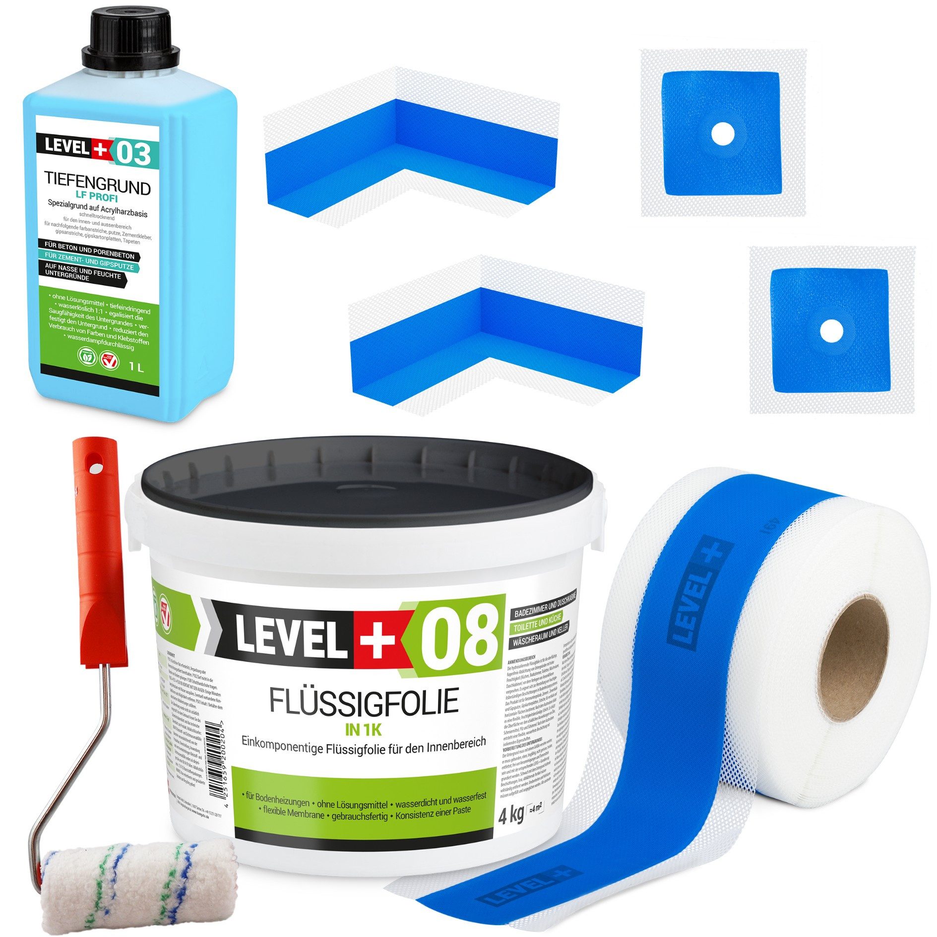 Level+ Dichtstoff Dichtset für Duschabdichtung Bad Dichtband Flüssigfolie 4kg SET290