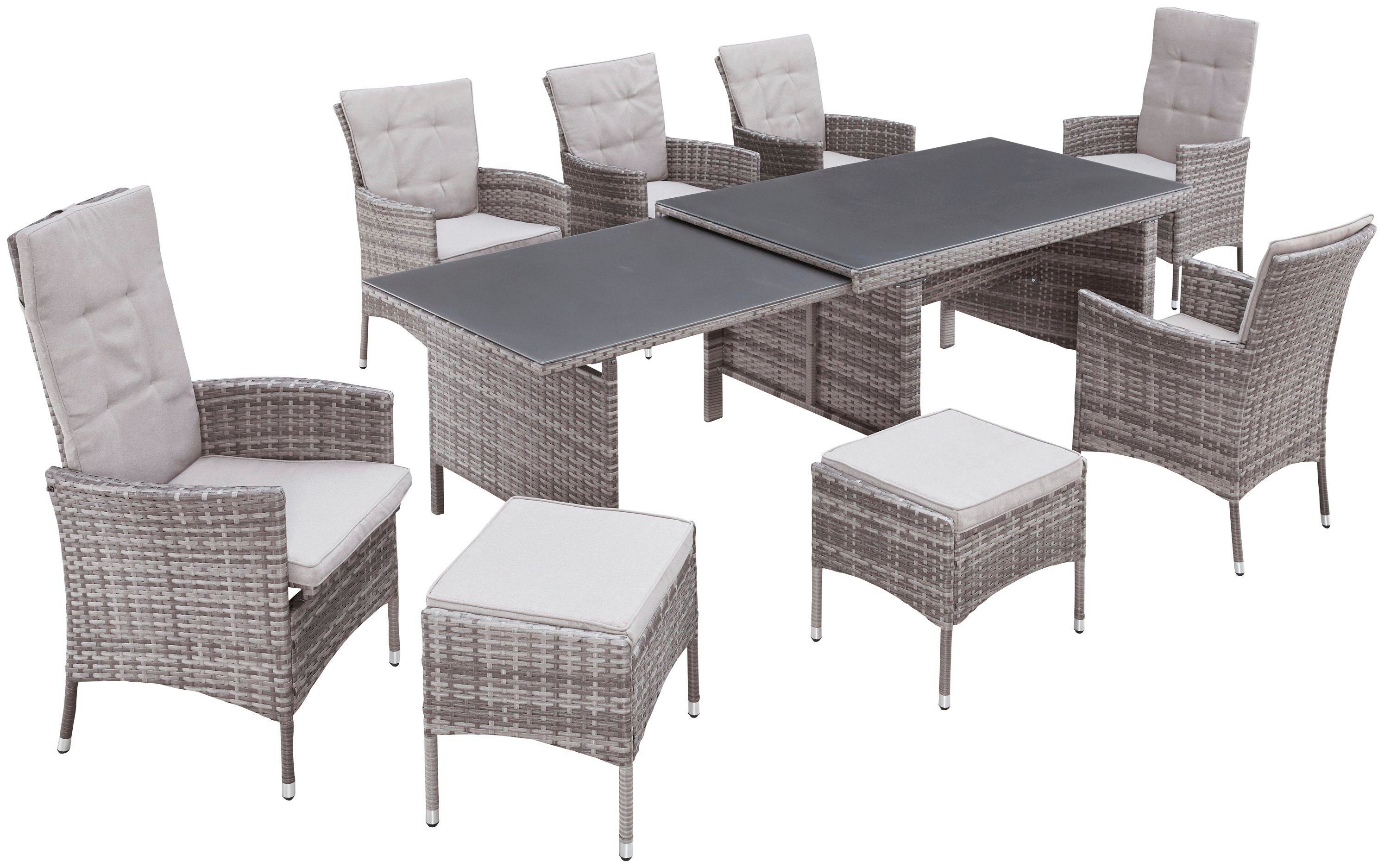 KONIFERA Garten-Essgruppe Parla, (Set, 21-tlg., 6xSessel, 1x AZ-Tisch 150-242,5cm,2x Hocker,inkl. Auflagen, Polyrattan), 2 der 6 Sessel sind verstellbar, Grau, Tischplatte aus Sicherheitsglas