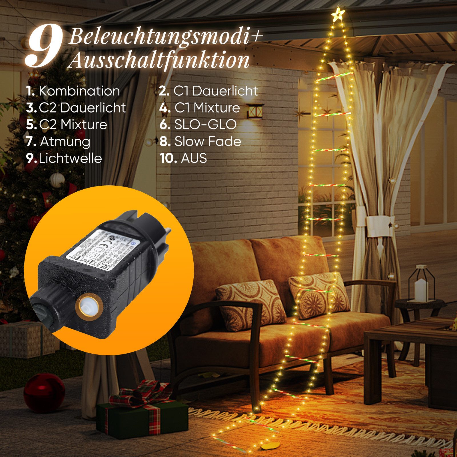 Salcar LED-Lichterkette LED Weihnachts Leiter 3M Weihnachtslichterkette Warmeweiß, Timer, Memory, 9 Modi(Stufenlos Warmweiß/Vierfarben/Macaron-Farben) – Bild 2 von 5