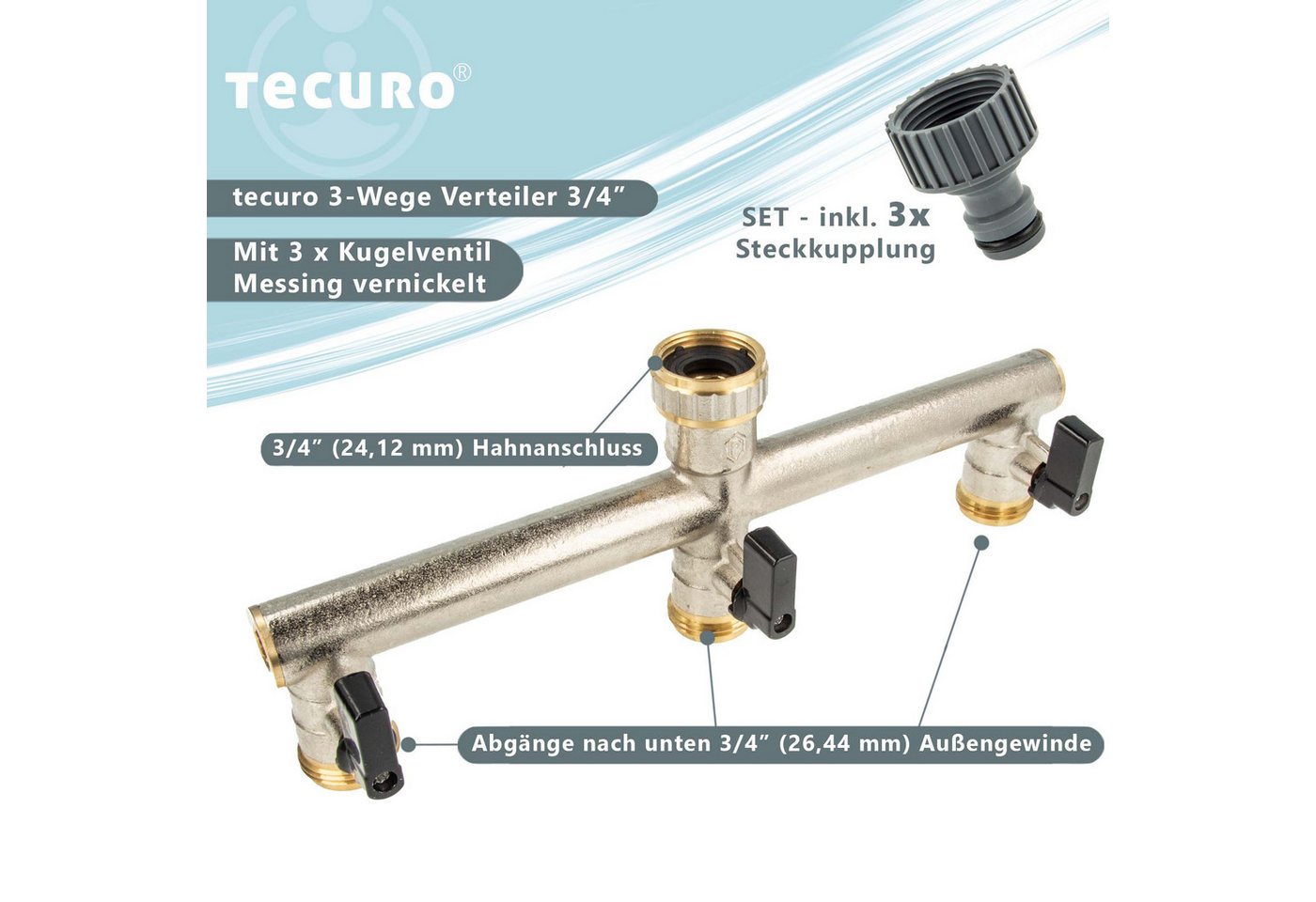 Thumbnail - tecuro Bewässerungssystem 3-Wege Verteiler 3/4 Zoll mit 3 x Kugelventil und Steckkupplungen