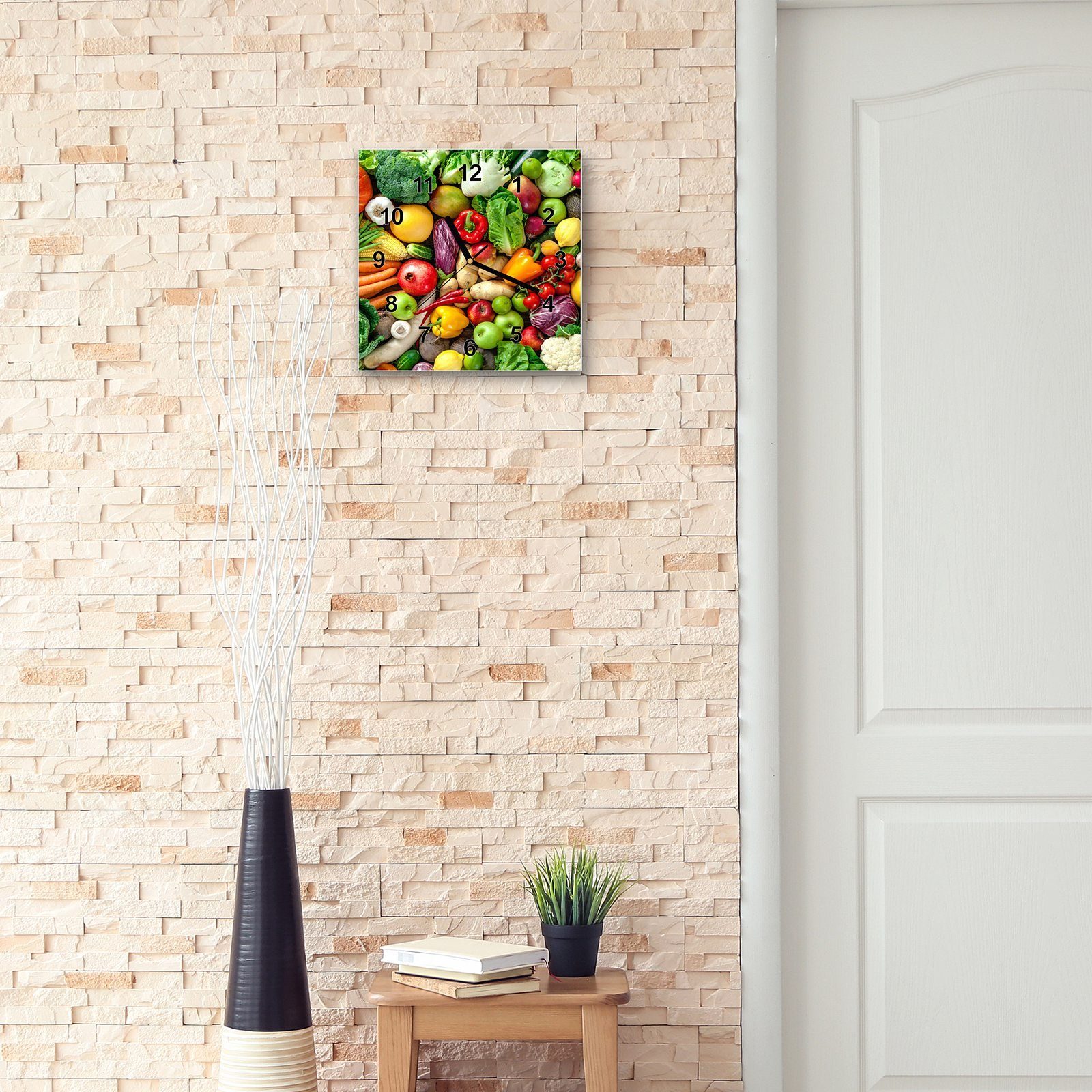 Primedeco Wanduhr Glasuhr Wanduhr Motiv 30 x 30 cm und Größe Obst Wandkunst Gemüse mit