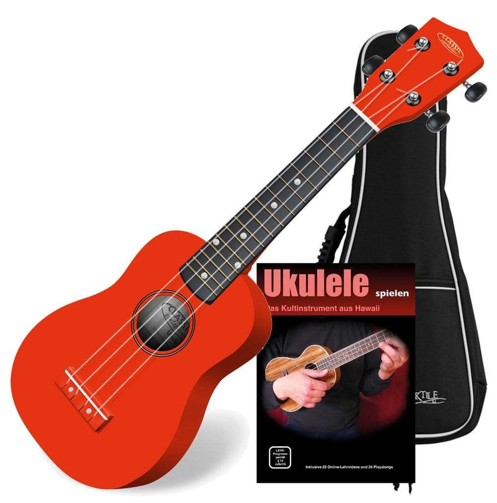 Classic Cantabile Ukulele Sopranukulele (Ukulele, Uke, 15 Bünde, leichtgängige Gitarrenmechanik), Komplett Set, Set inkl. Gigbag und Ukulelen-Schule