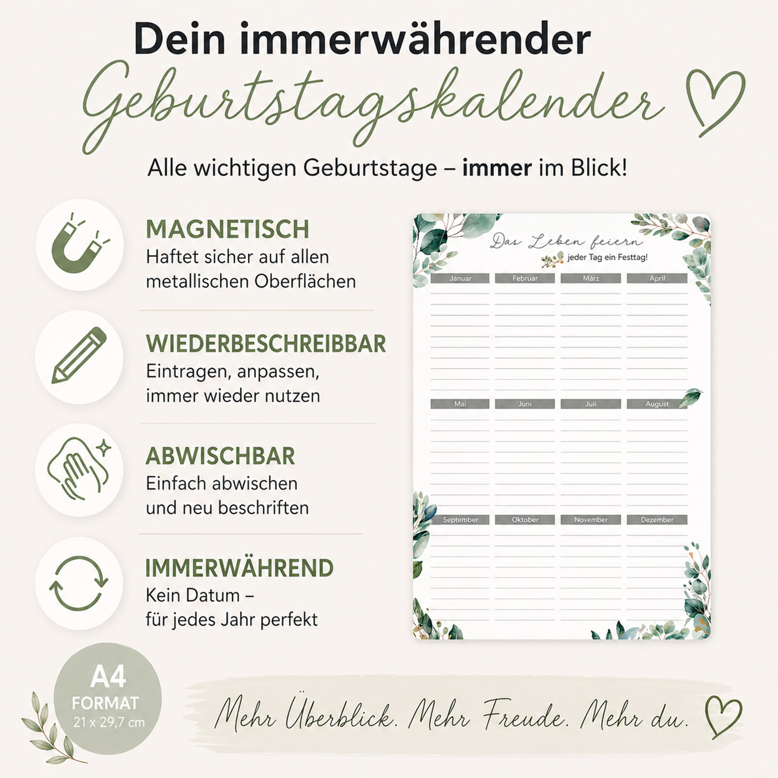 TOBJA Geburtstagskalender Geburtstagskalender magnetisch A4 immerwährend abwischbar inkl Stift, magnetisch, immerwährend, abwischbar, inkl. Stift, Eukalyptus-Design