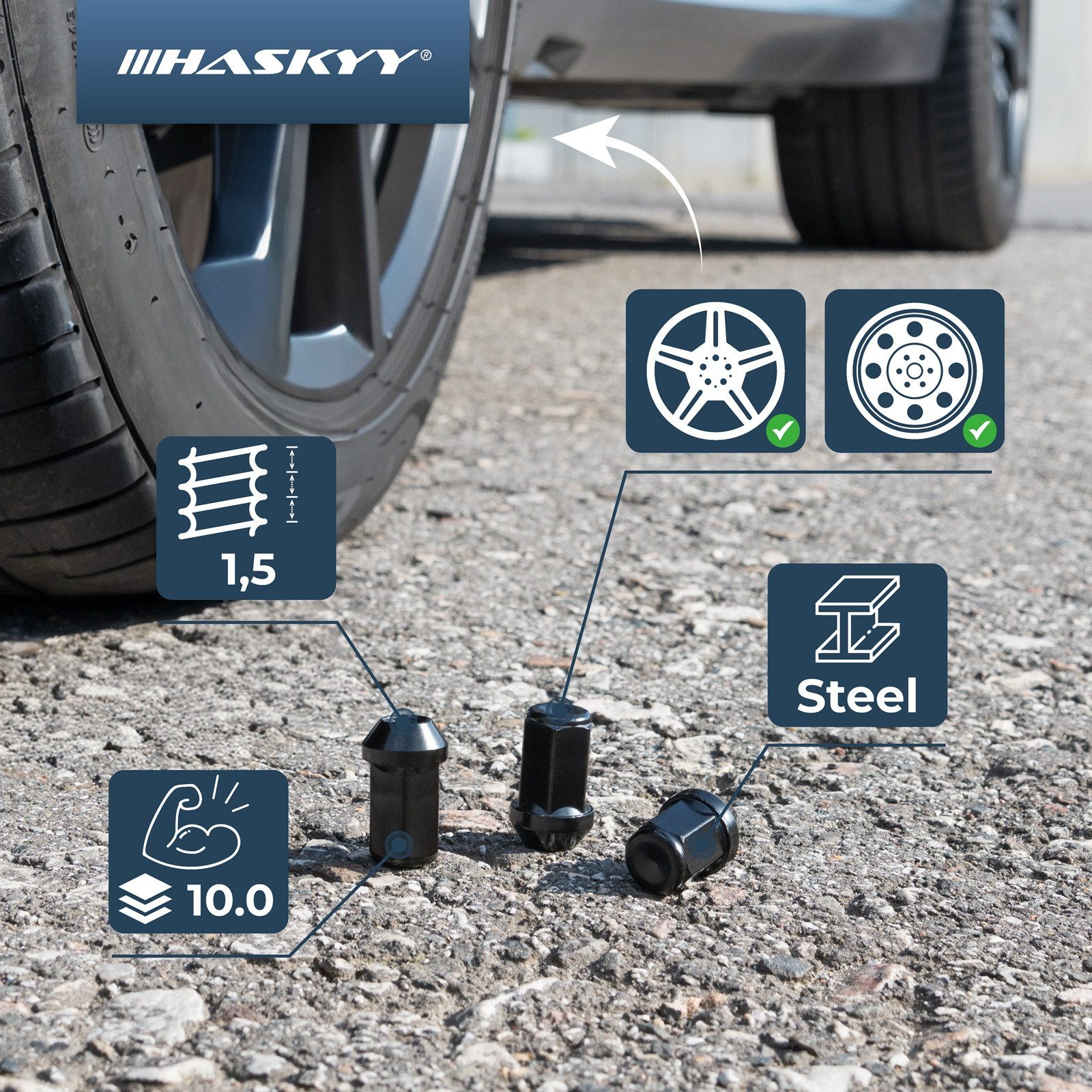 HASKYY Reifenmontagemaschine 20x Radmuttern M14x1,5x41 Kegel 60° SW19 Schwarz Dodge RAM bis 2018