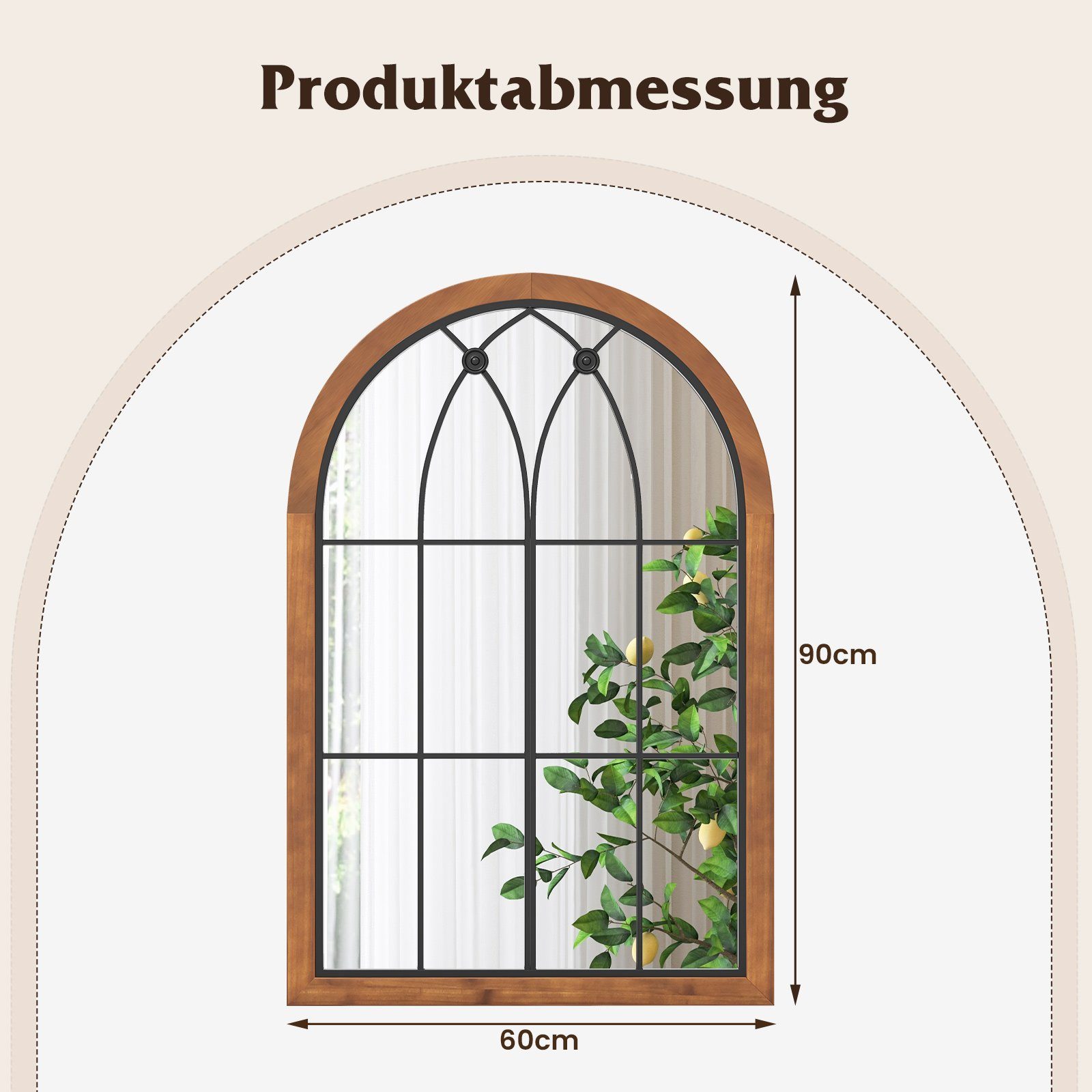 COSTWAY Wandspiegel, mit Fensteroptik, Bogen Spiegel Vintage, 60x90cm