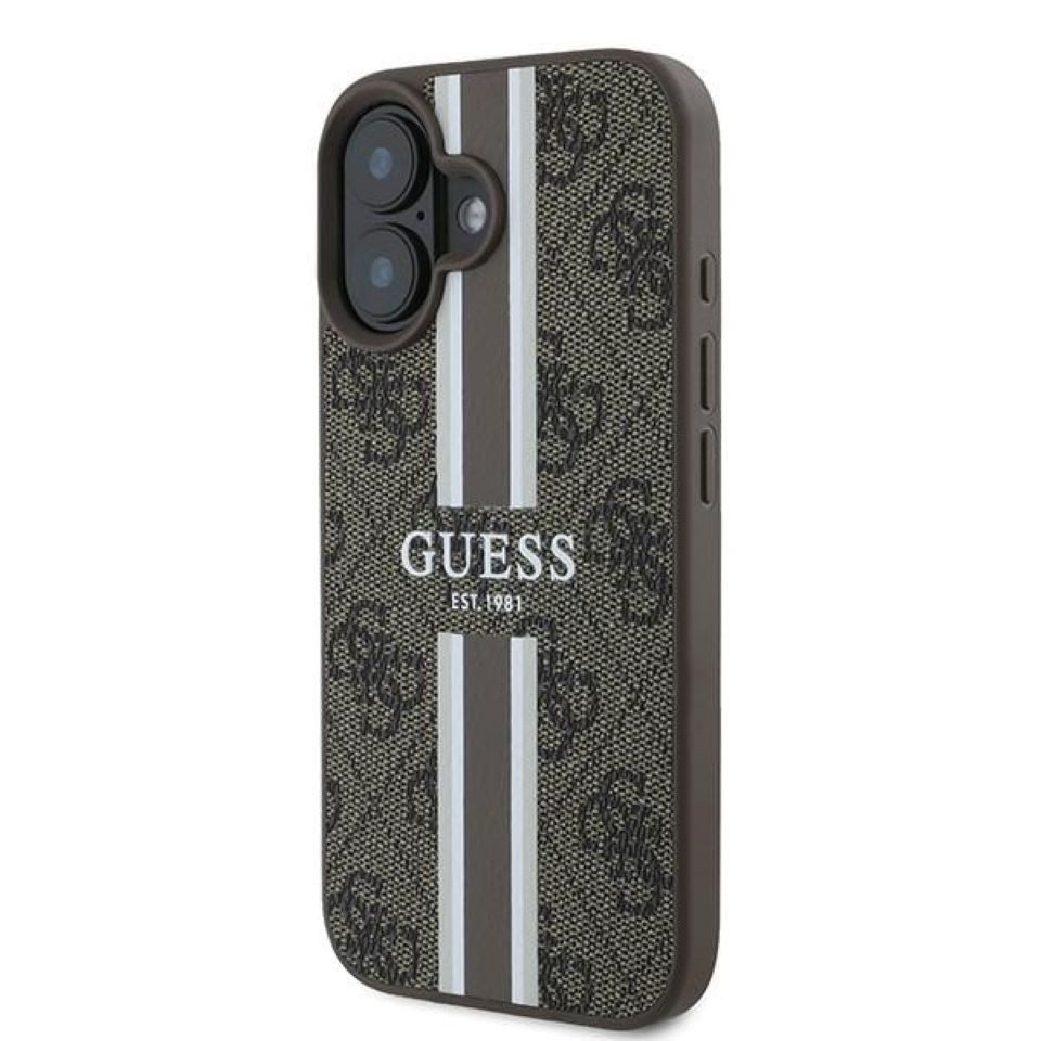 Guess Handyhülle iPhone 16 Plus Kunstleder Muster braun Logo goldfarbig MagSafe 6,7 Zoll, Kantenschutz