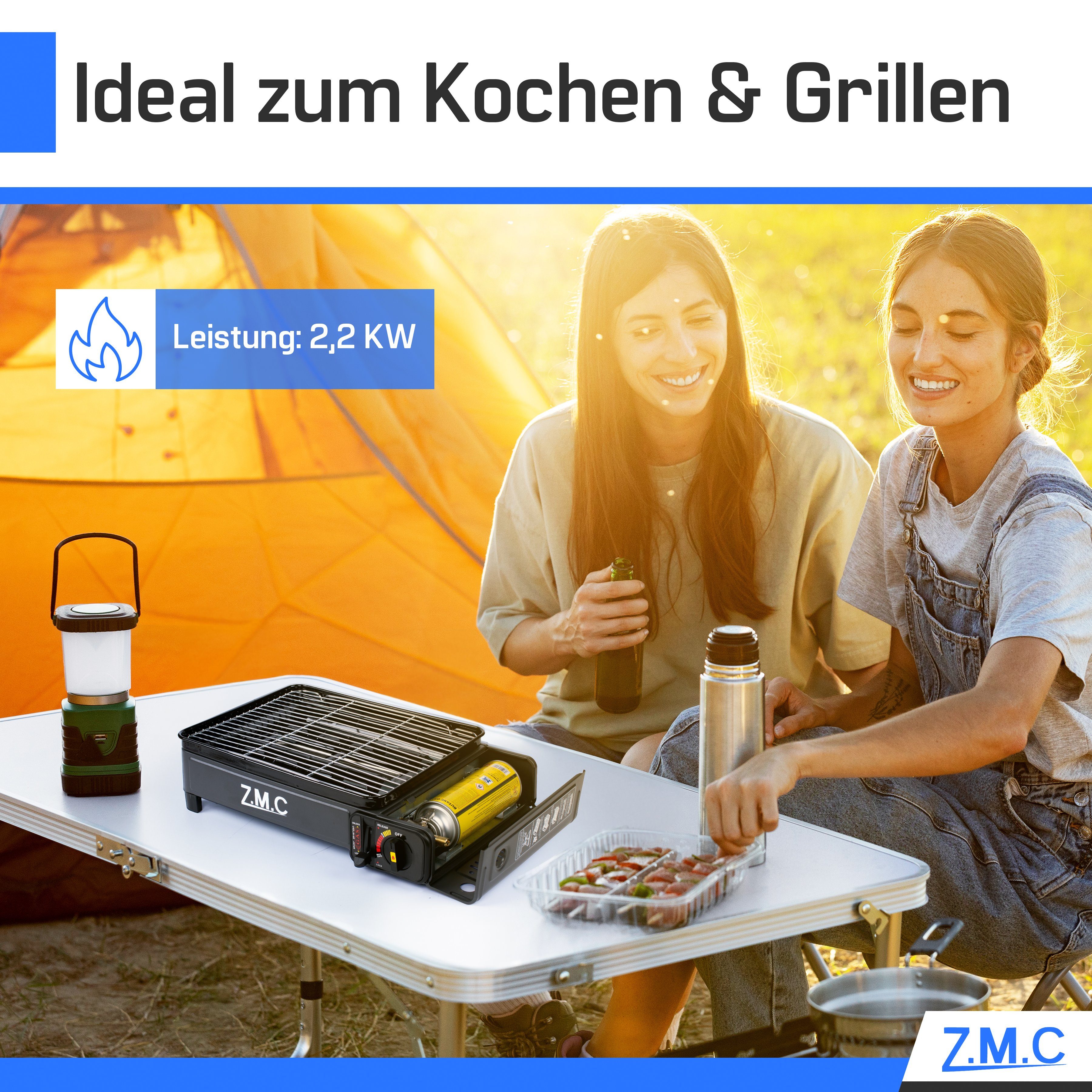 ZMC Gaskocher 2-in-1 Gaskocher + Gasgrill, Campingkocher mit 4x Gaskartuschen 227g, (mit Grillplatte + Grillrost, stufenlos regulierbar, Tischgrill), mit Tragek – Bild 4 von 5