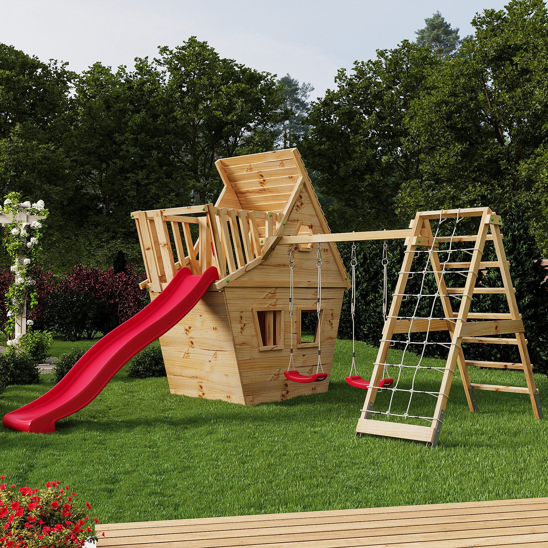 bibex Spielturm Wunderhäuschen M150 - LANGE Rutsche, 2x Schaukel, Knotennetz