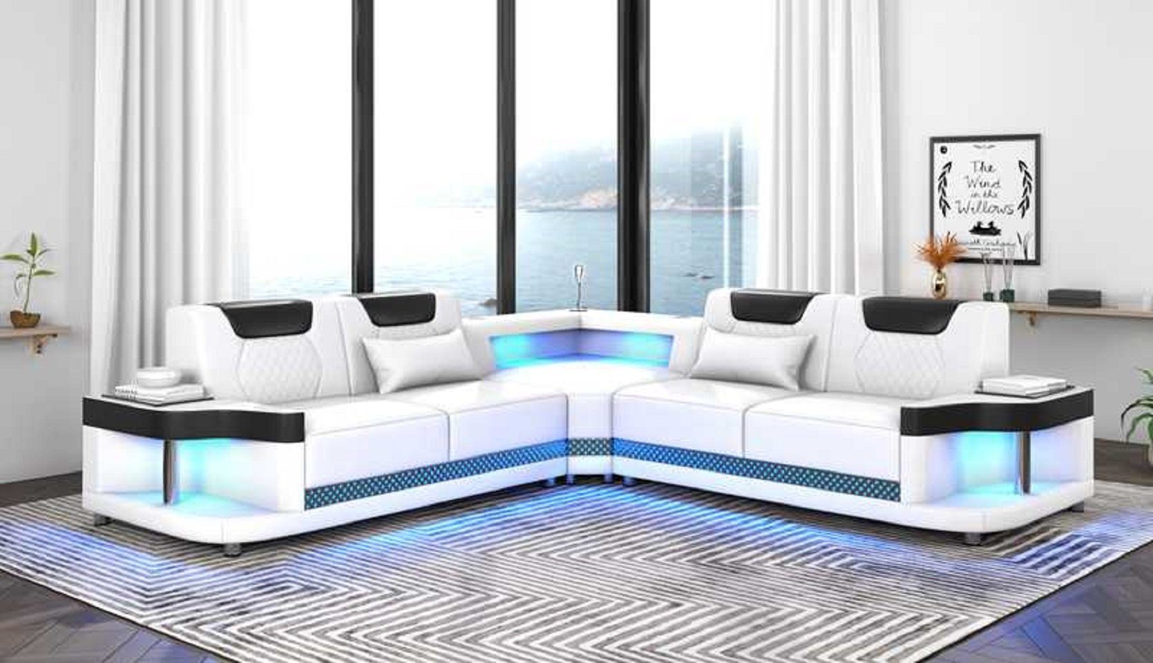 L mit Ecksofa Weiß/Schwarz JVmoebel Eckgarnitur Ecksofa LED, in Form Europe Couch Sofa 3 Moderne Made Luxus Teile,