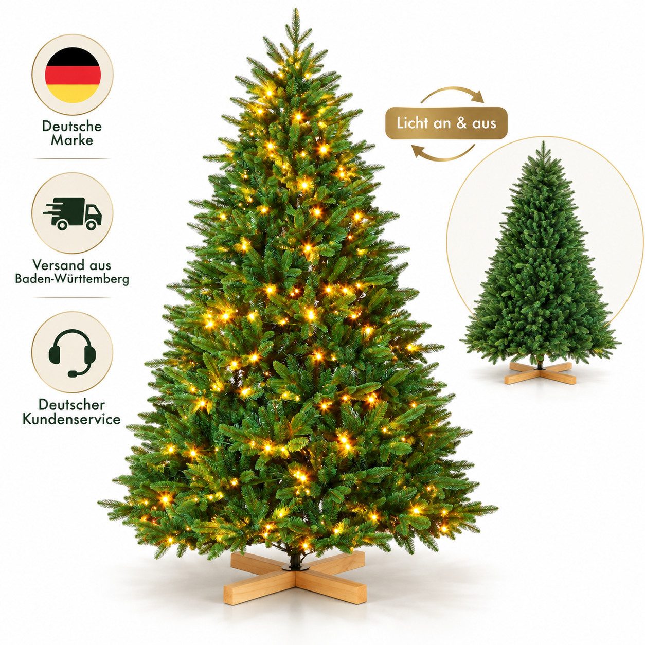 PixelPilot Künstlicher Weihnachtsbaum mit PE/PVC-Zweigen, 300/400 LEDs und Holzständer, 180/210 cm, Weihnachtsbaum, LED-Beleuchtung, naturgetreue Optik, wiederverwendbar