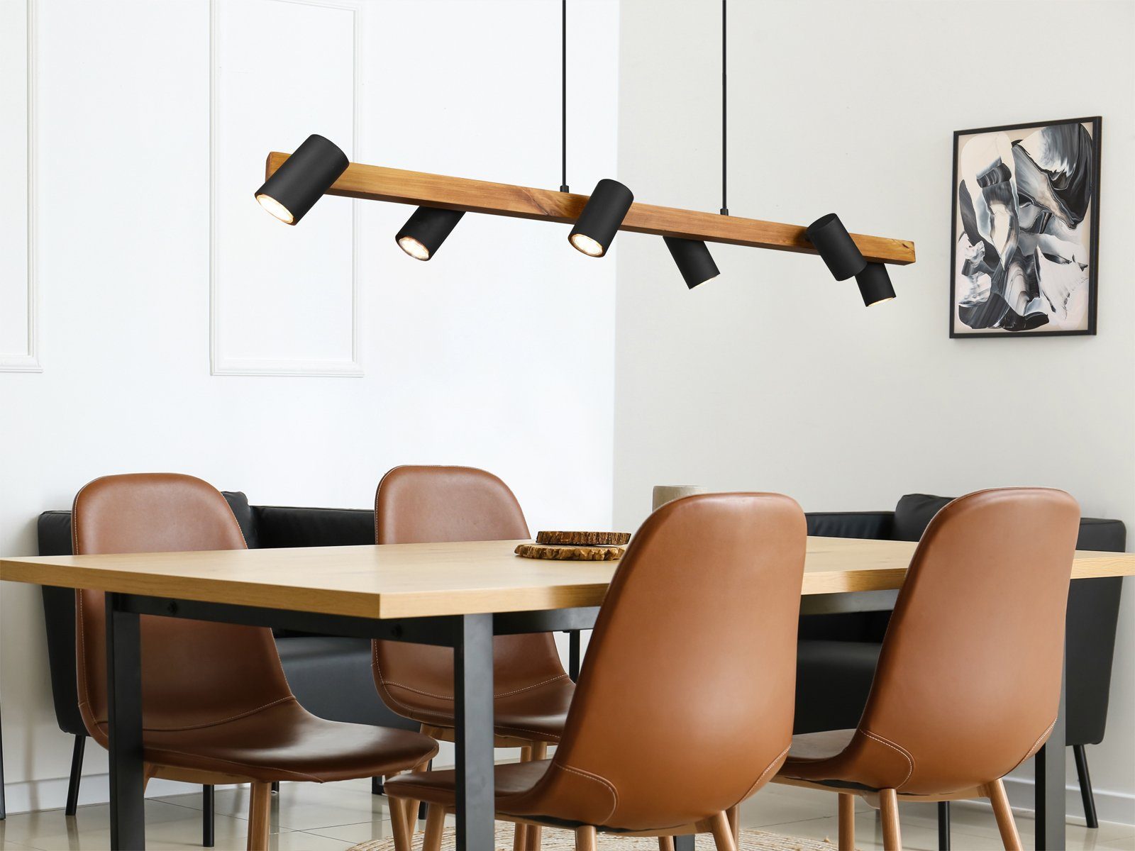 TRIO Leuchten LED Pendelleuchte, Dimmfunktion, LED wechselbar, Warmweiß, Große Esstisch-lampe Holz-balken, Holz-lampen Kücheninsel Breite 115cm