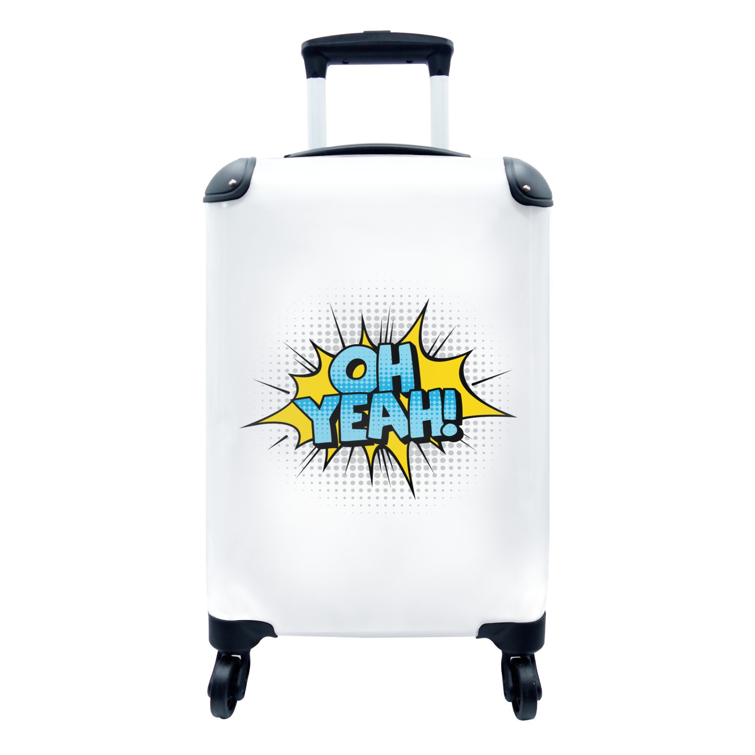 MuchoWow Handgepäckkoffer Cartoon-Zitat "OH YEAH!" auf weißem Hintergrund, 4 Rollen, Reisetasche mit rollen, Handgepäck für Ferien, Trolley, Reisekoffer
