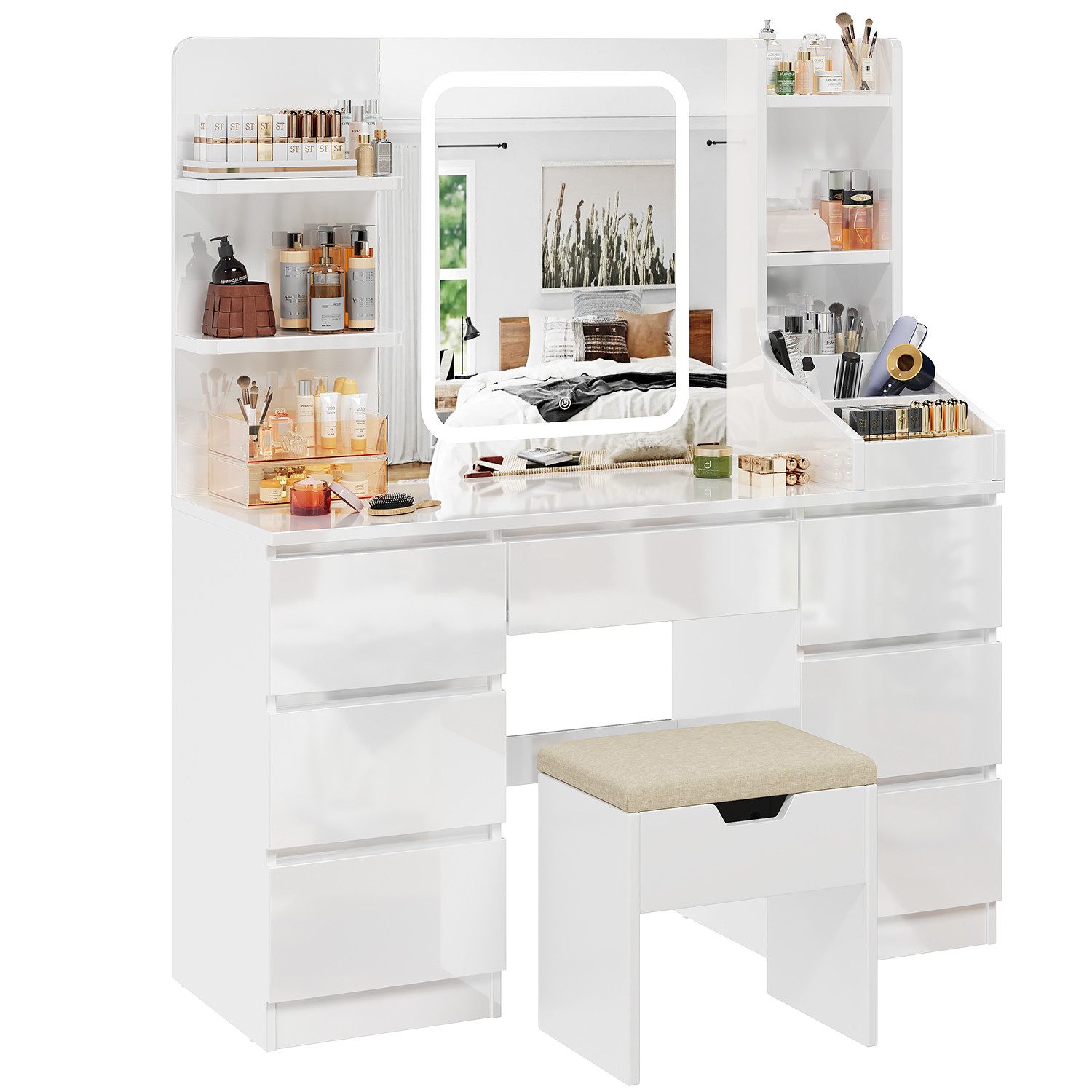 HOMALL Schminktisch Schminktisch mit Spiegel und LED Mit 7 Schubladen und 8 Ablagefächern (Größe: 110*40*139 cm Einstellbare drei Farbtemperaturen, um Ihr perfektes Make-up zu präsentieren)