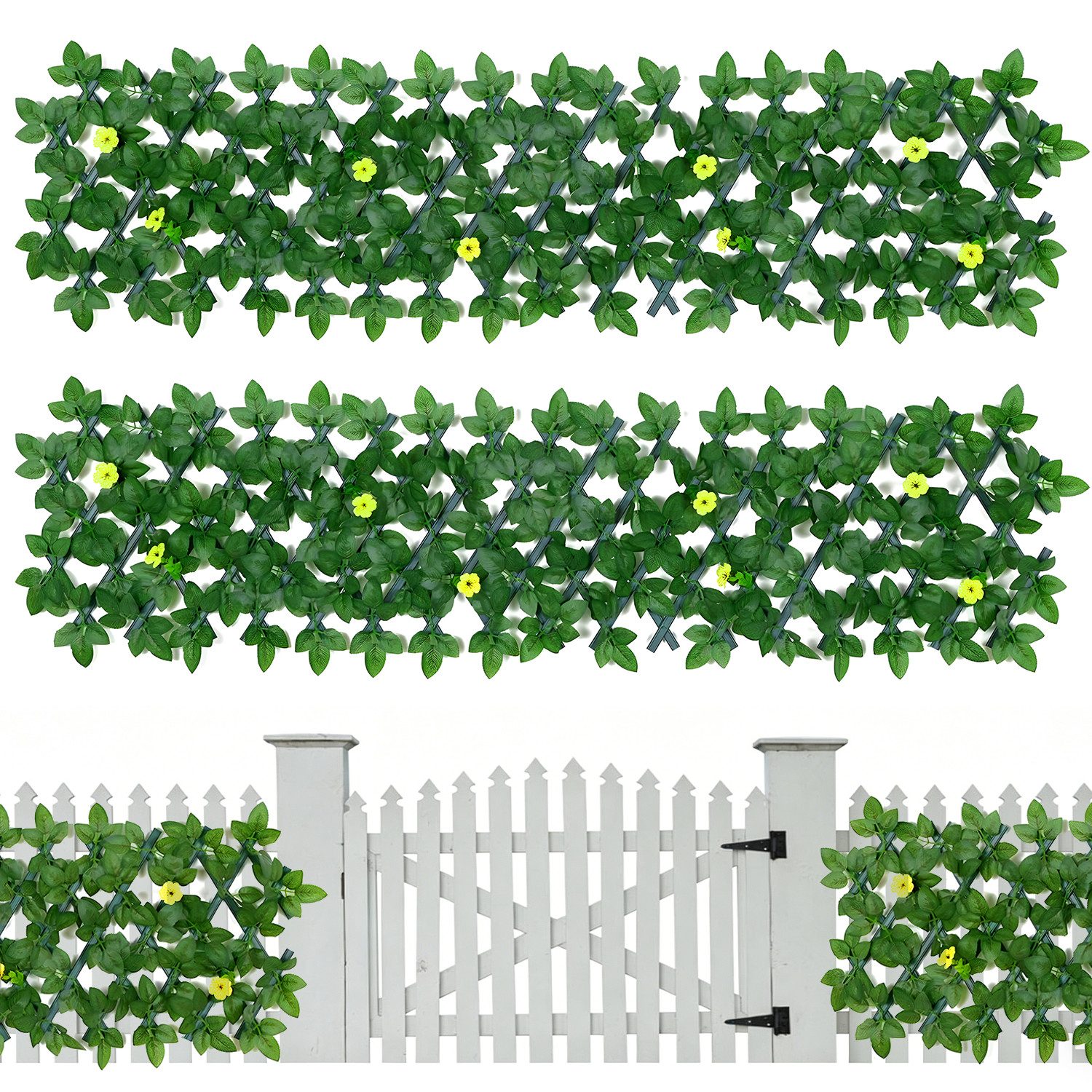 HEYHIPPO Kunsthecken-Sichtschutz Erweiterbarer Sichtschutz mit Kunstrosen – gelb, für Balkon & Garten, (Packung, Rankgitter ausziehbar mit künstlichen Blumen – für Innen-&Außenbereich), Künstliche Rosen Hecke – faltbarer 28×215 cm, für Terrasse & Zaun
