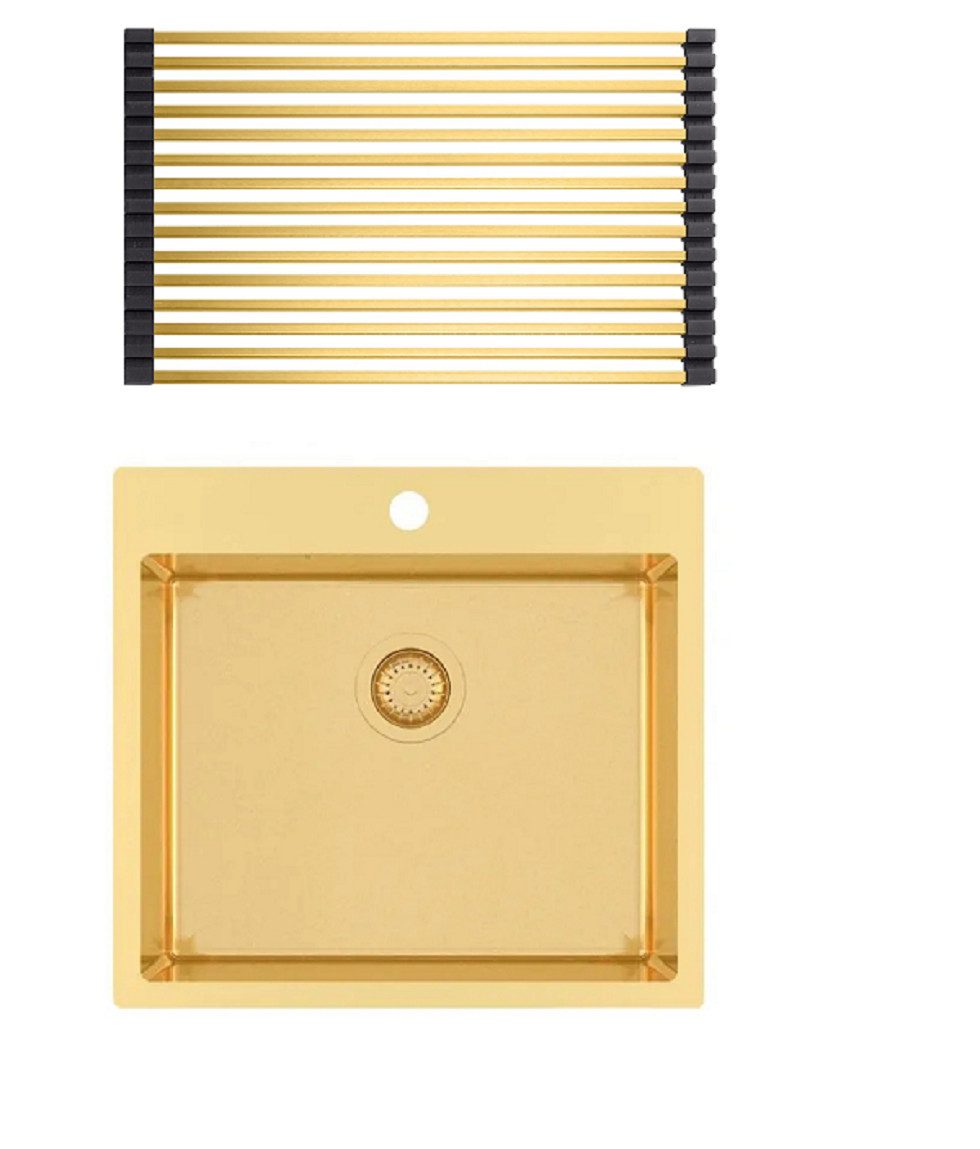 GURARI Küchenspüle TERRA 100N Gold Edelstahlspüle mit RM-2845-G Aufrollbare Abtropfmatte, (2 St)