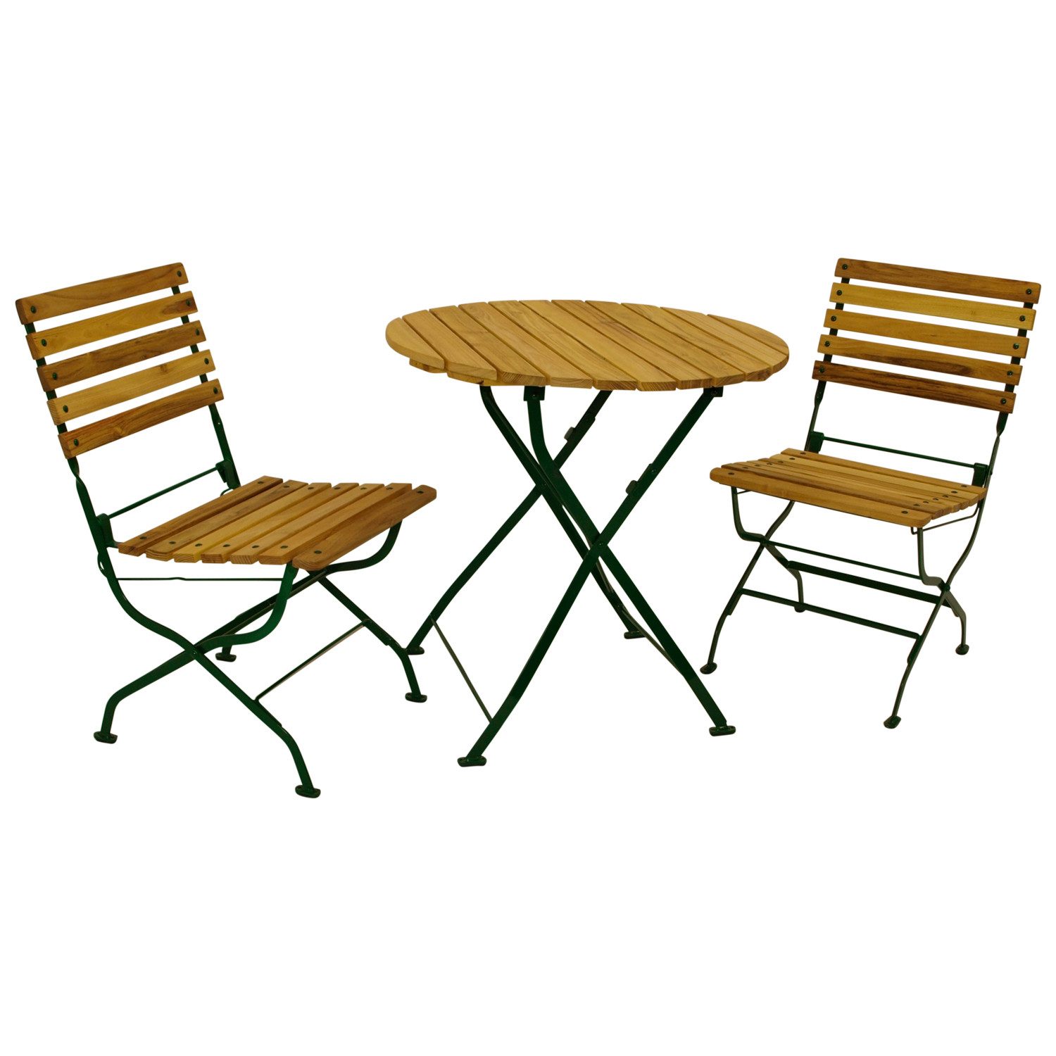 TPFGarden Sitzgruppe NEWCASTLE, (Gartenessgruppe 3-teilig - Gartenmöbel Set 2 Personen - Flachstahl, 3-tlg., Gartensitzgruppe Robinienholz - Bistrotisch Set mit 2 Стульяn - grün), (2x Stuhl, 1x Tisch 77cm rund)