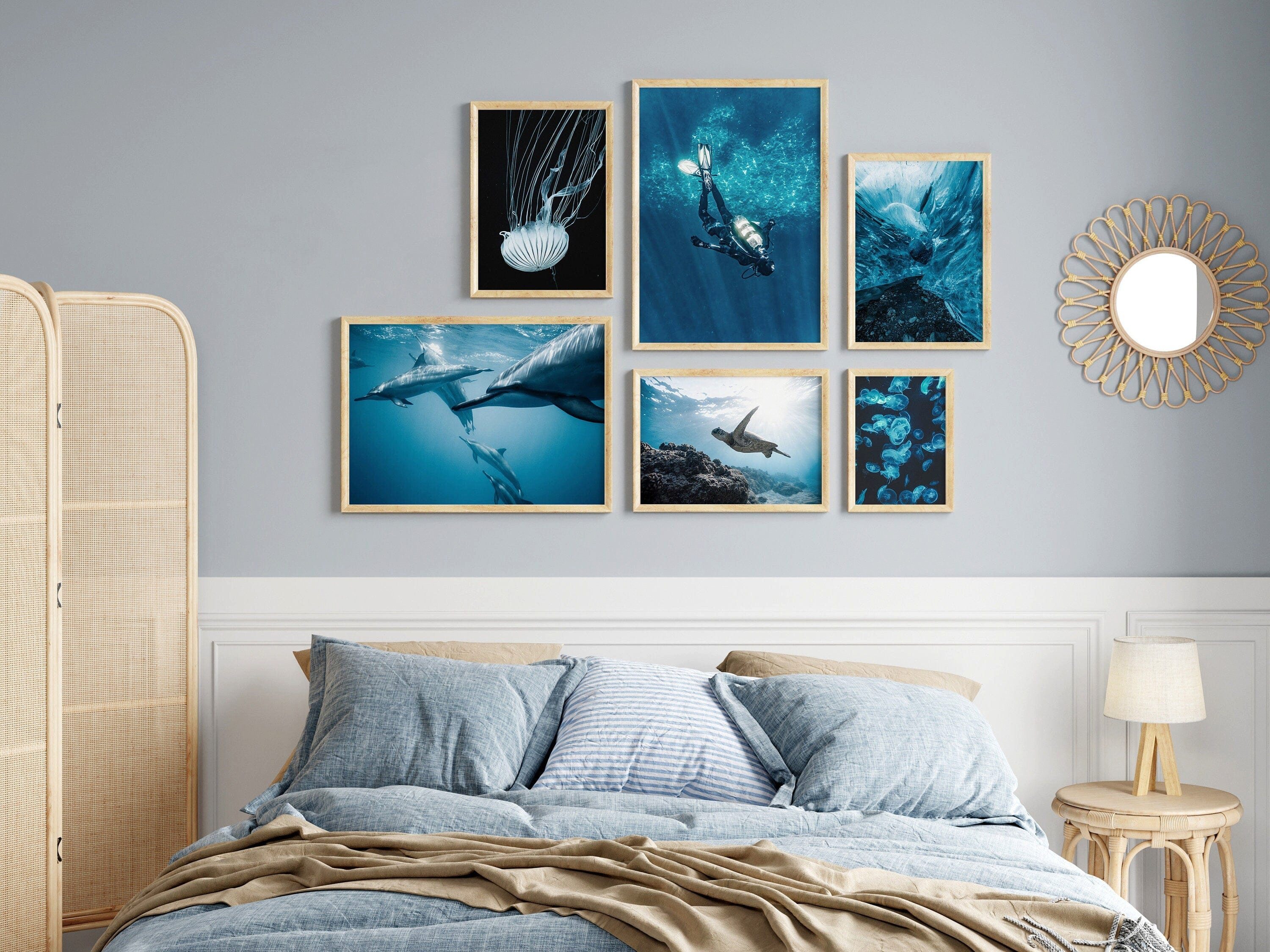 JUSTGOODMOOD Poster Unterwasser Welt Taucher Schildkröte Wandbilder Wohnzimmer Schlafzimme, B (1 St)