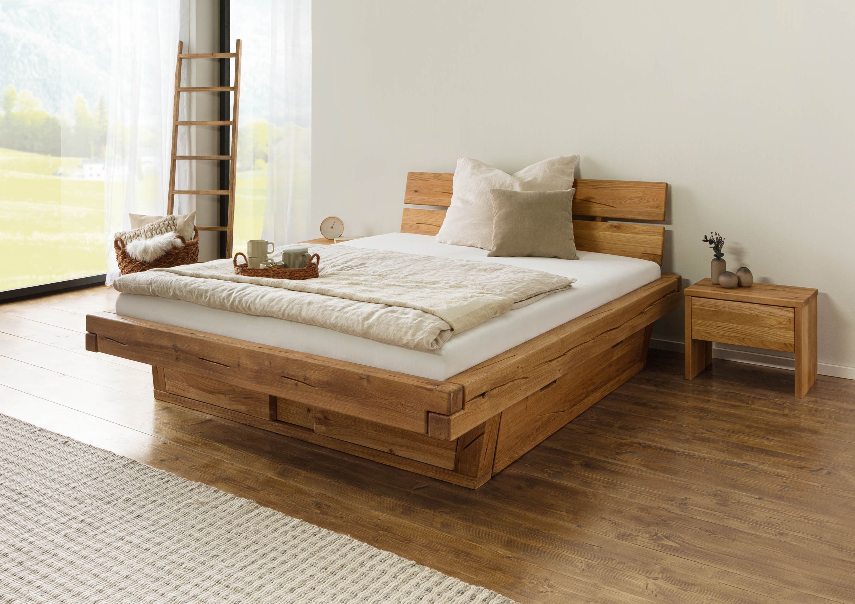 Massivmoebel24 Massivholzbett BALKENMÖBEL (mit Schubladen Eiche 140x200x90 natur geölt BREGENZ #109), mit Schubladen Eiche 140x200x90 natur geölt BREGENZ #109