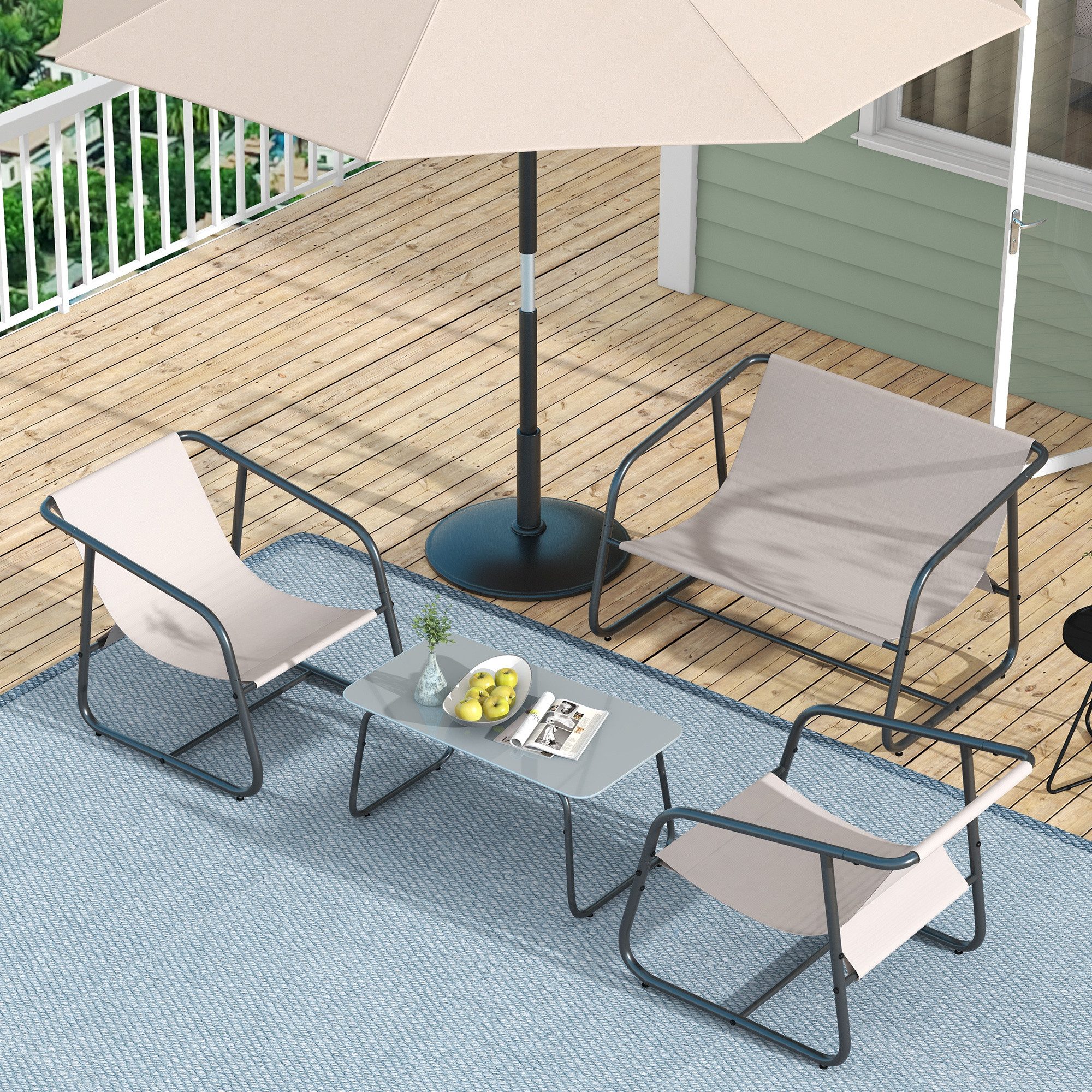 Outsunny Sitzgruppe Gartenmöbel-Set mit 2 Sesseln, 1 Zweisitzer, 1 Couchtisch, (Gartensitzgruppe, 4-tlg., Gartengarnitur), für Balkon, Terrasse, Mesh, Creme