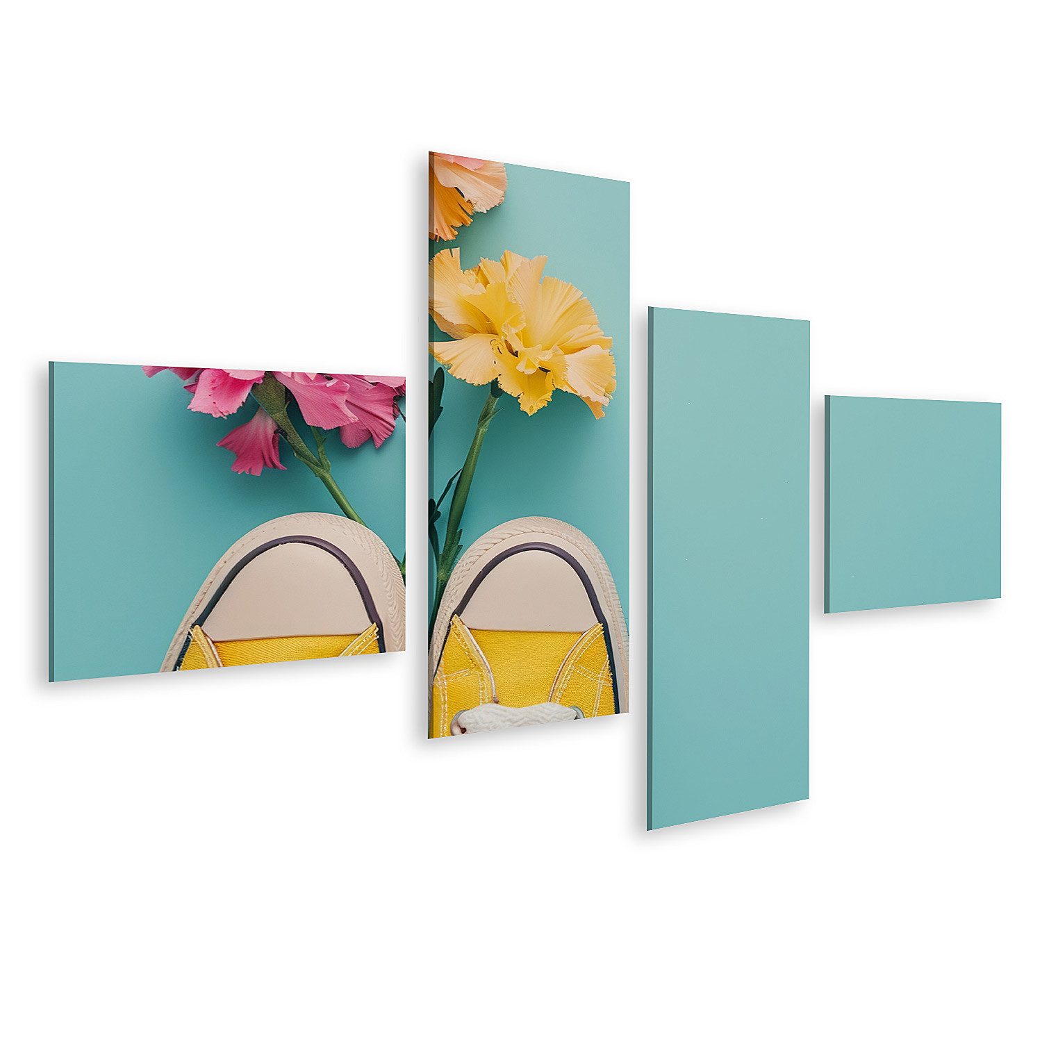 islandburner Leinwandbild Leuchtend gelbe Sneakers stechen hervor, bunte Blumen setzen verspiel