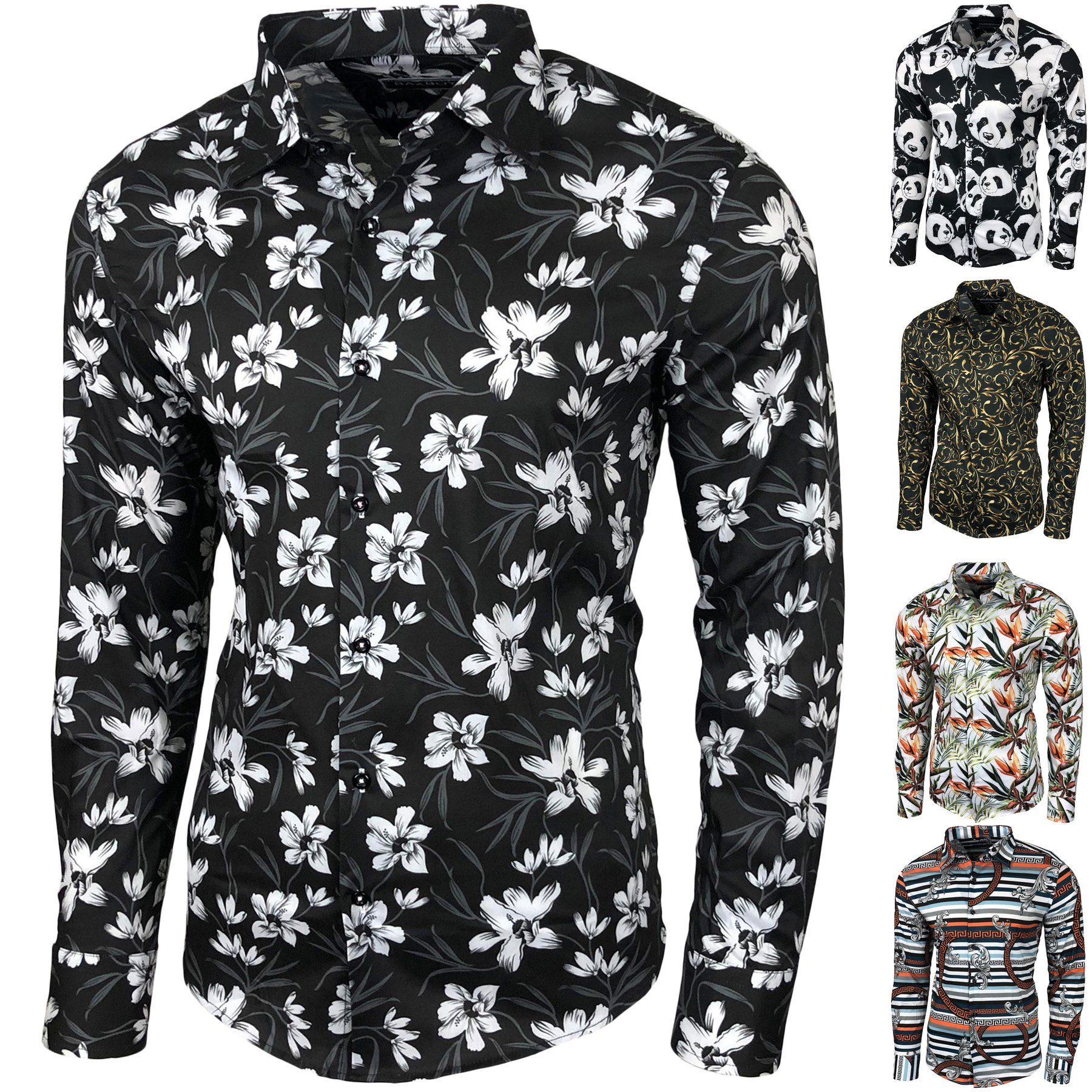 Baxboy Langarmhemd Baxboy Herren Hemd Freizeitshemd Langarm Blumen Casual Shirt