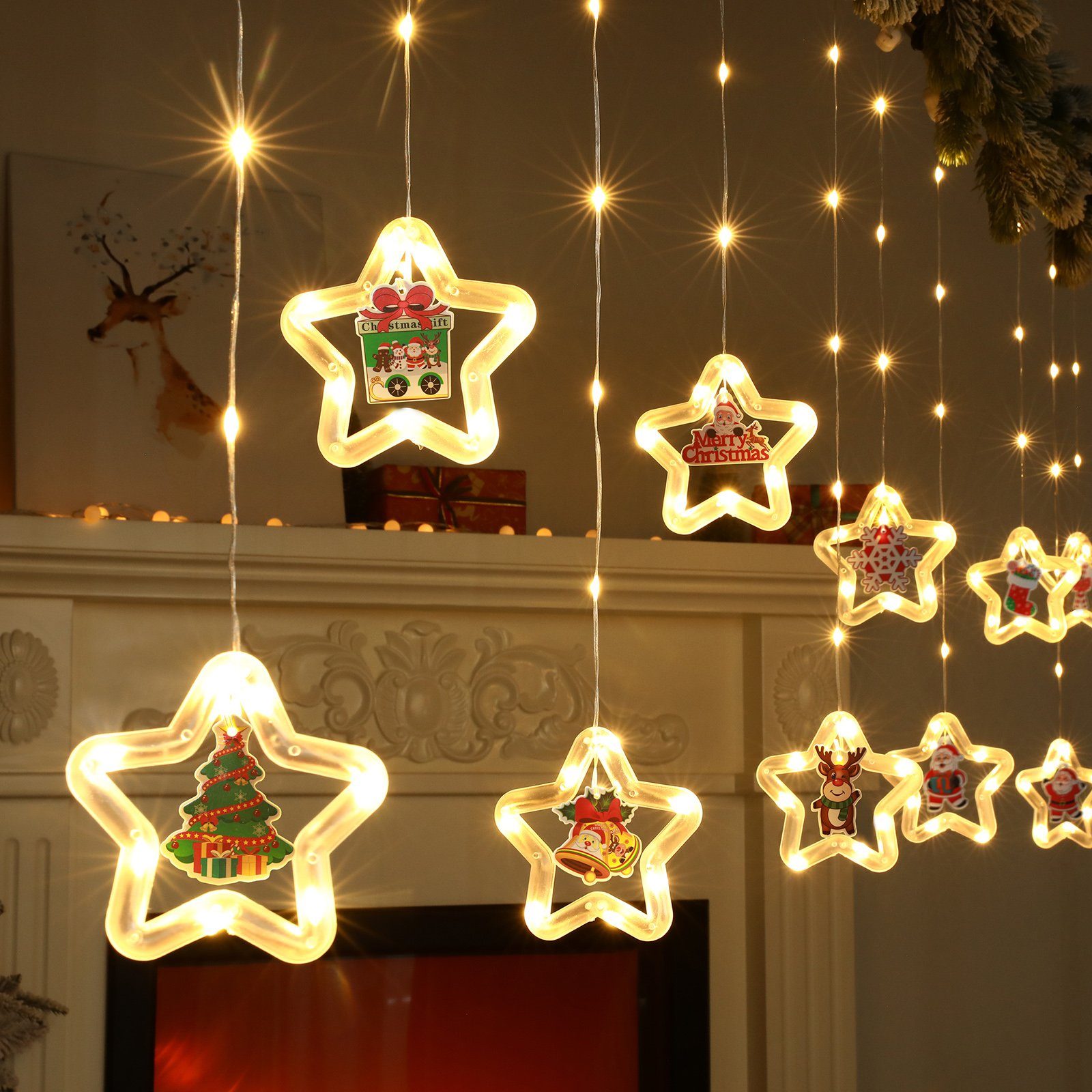 MUPOO Weihnachts-Fensterbeleuchtung, LED-Lichtervorhang 8 Modi LED-Lichterketten Fernbedienung,für Innen,Außen,Garten,Hinterhof,Party-Dekoration USB/Batterie Warmweiß