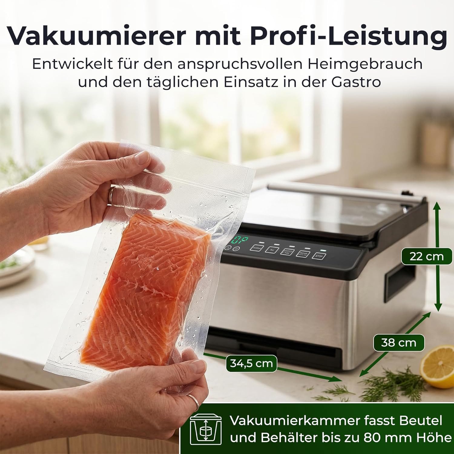 KLAMER Vakuumierer Kammer Edelstahl, 98 kPa Profi Kammervakuumierer, Marinier-Funktion, …, 220W, Marinier-Funktion, Professioneller Kammerunterdruck, 2 Arbeitsbereiche