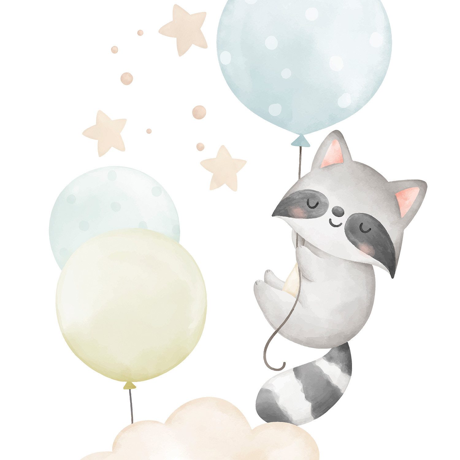 Rasch Fototapete Kinderzimmer mit Wolken, Waschbär und Luftballons in Beige und Blau, strukturiert, gemustert, (1 Rolle, 1 St), Ballons