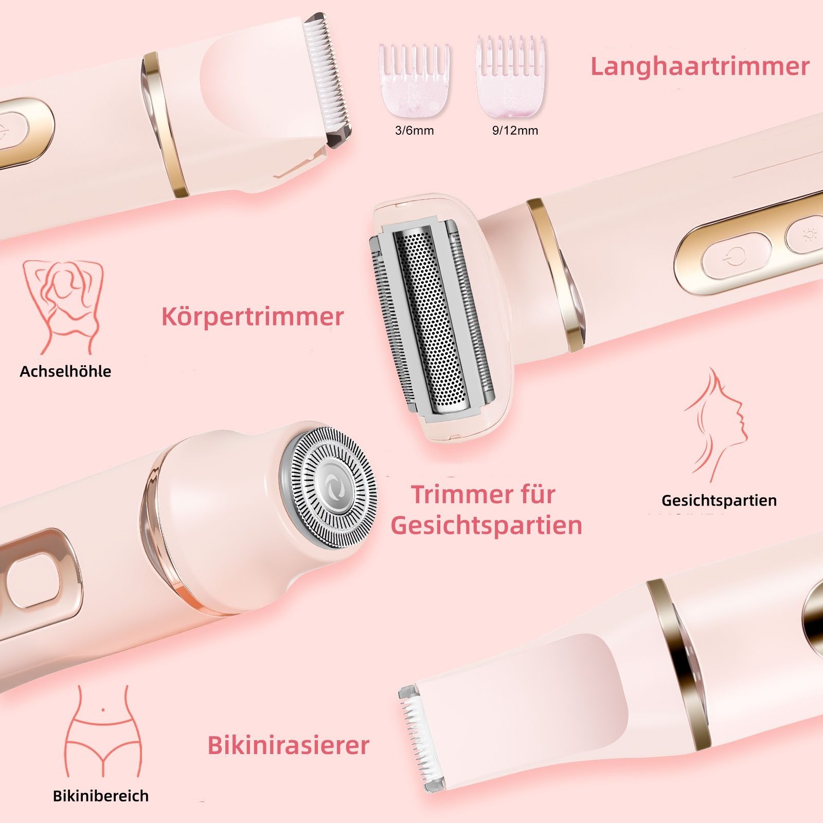 HATTEKER Epilierer HT-597, Aufsätze: 1 St., Rasierer für Damen, Trimmer, Gesichtstrimmer, 4-in-1, wasserdicht