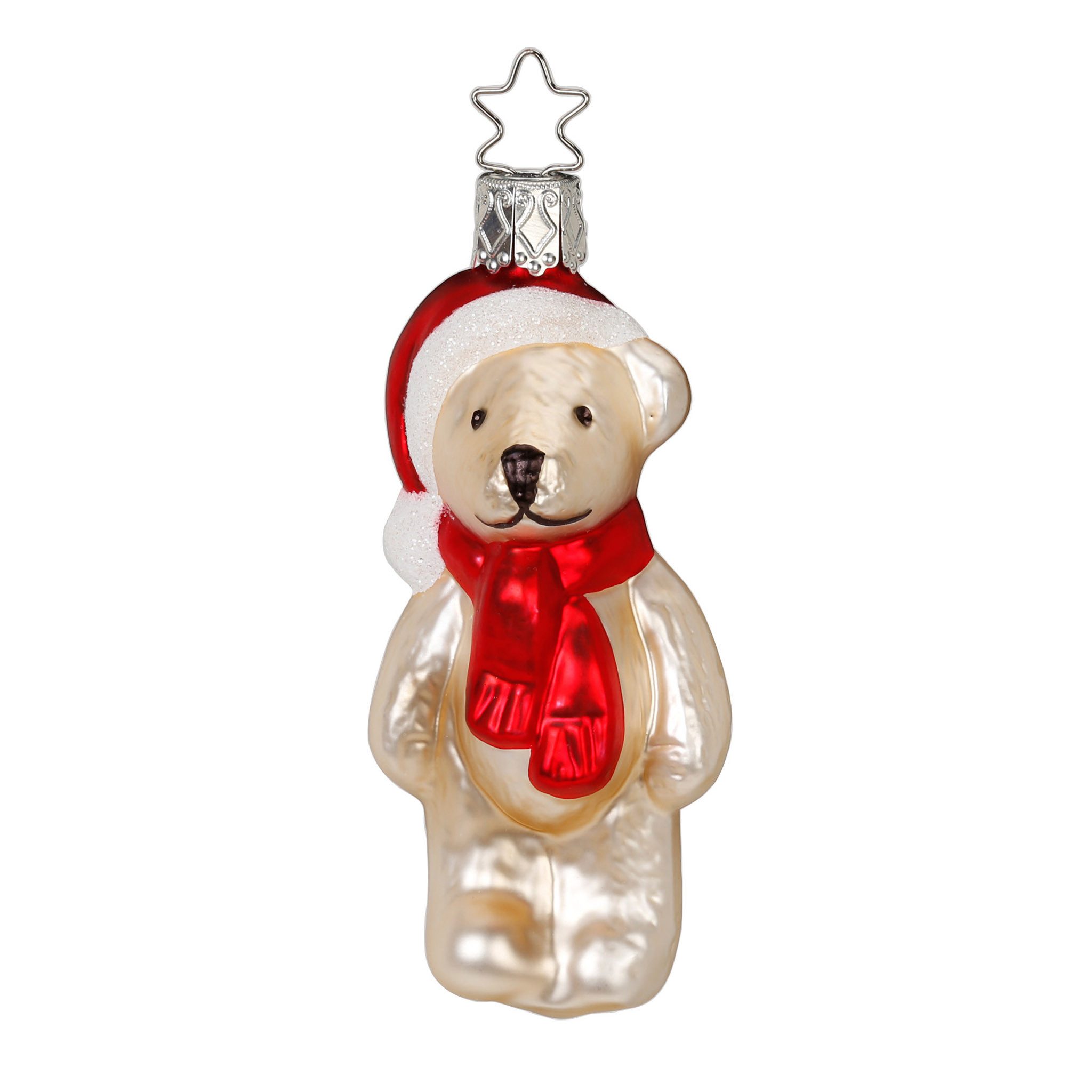 INGE-GLAS® Christbaumschmuck, Christbaumschmuck Glas Teddy Bär 9,5cm Beige / Rot