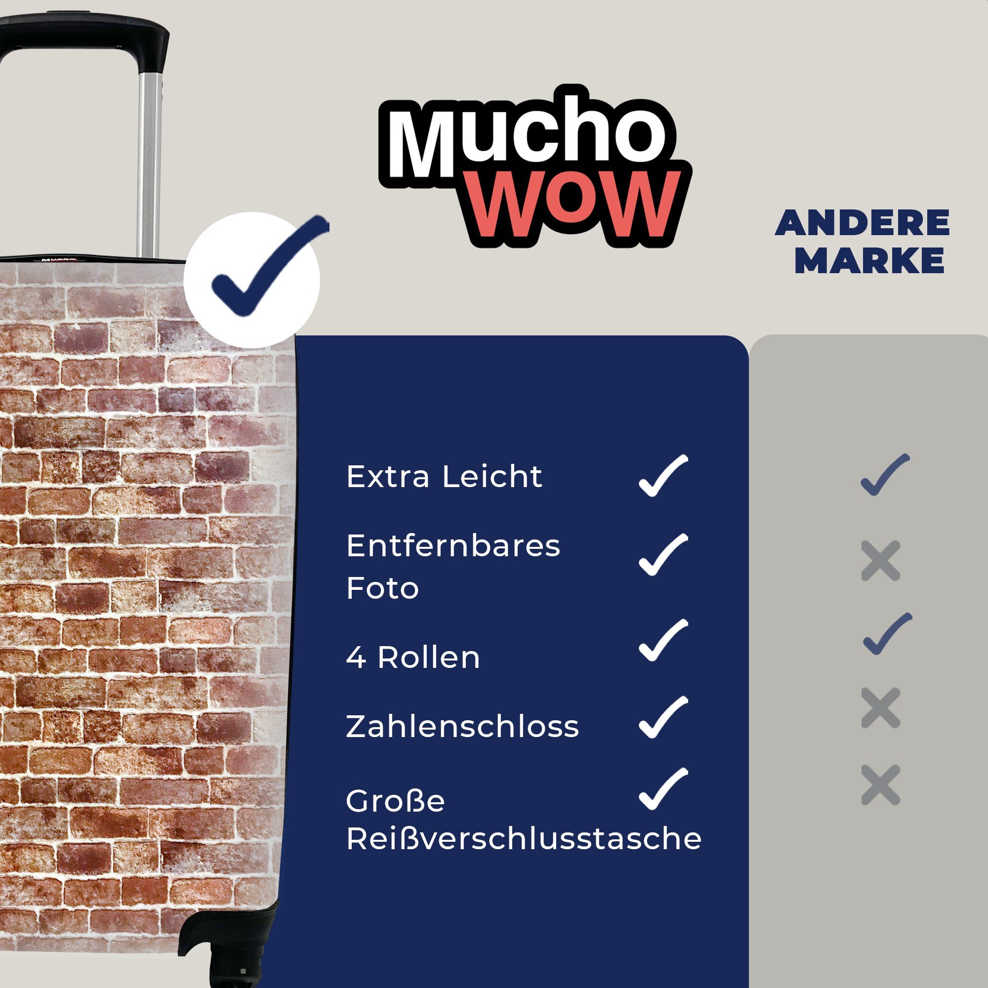 4 Backstein Reisekoffer - rollen, Ferien, - - für Handgepäckkoffer Weiß Wand, Braun Rollen, mit MuchoWow Reisetasche Trolley, Handgepäck