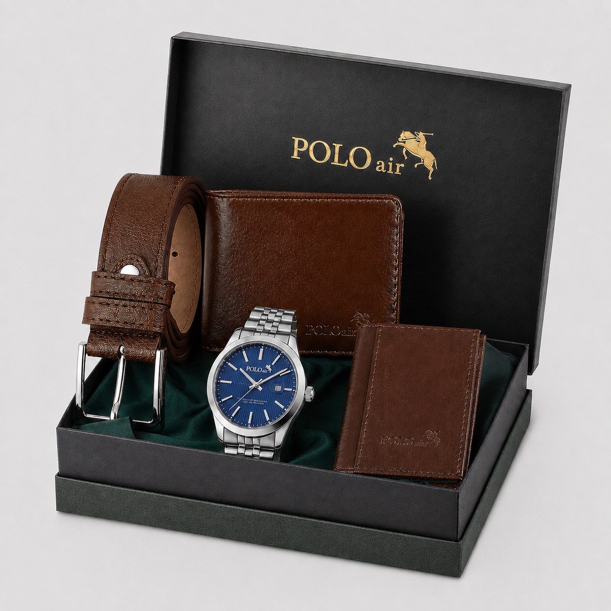 Jungengel Brieftasche Polo Air Royal Herren Geschenkset Armbanduhr Kartenetui Geschenkbox (Geschenkset, 5-tlg., 5-teilig: Herrenuhr, Geldbörse, Kartenetui und Gürtel+Geschenkbox), Exklusives Herren Geschenkset - Geschenkbox inklusive