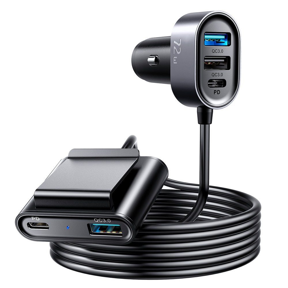 JOYROOM Autoladegerät Schnellladegerät USB-Verteiler KFZ-Adapter Zigarettenanzünder zu USB-A, USB-C, 150.0 cm, 5 Anschlüsse, 72 W, 1,5 m Kabel, QC 3.0 & PD, Clip