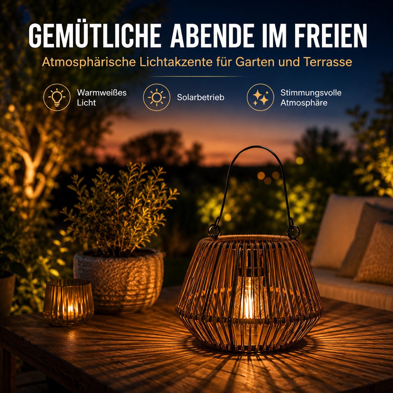 Kremers Schatzkiste LED Laterne LED Solarlaterne Rattan Optik 20 cm mit Dämmerungssensor IP44, LED fest integriert