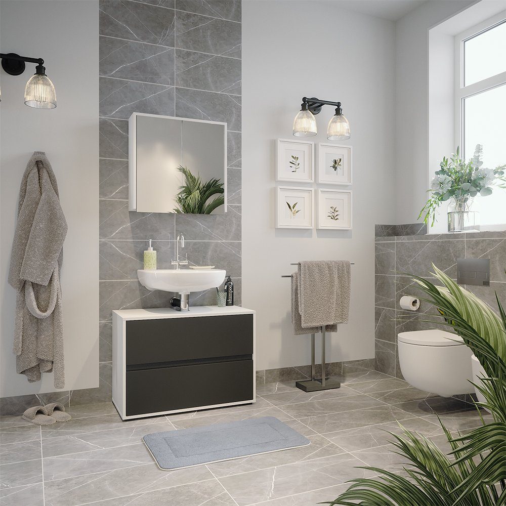 Vicco Waschbeckenunterschrank Maltin, Weiß/Anthrazit/Weiß, 80.2 x 58.2 cm mit zwei großen Schu...