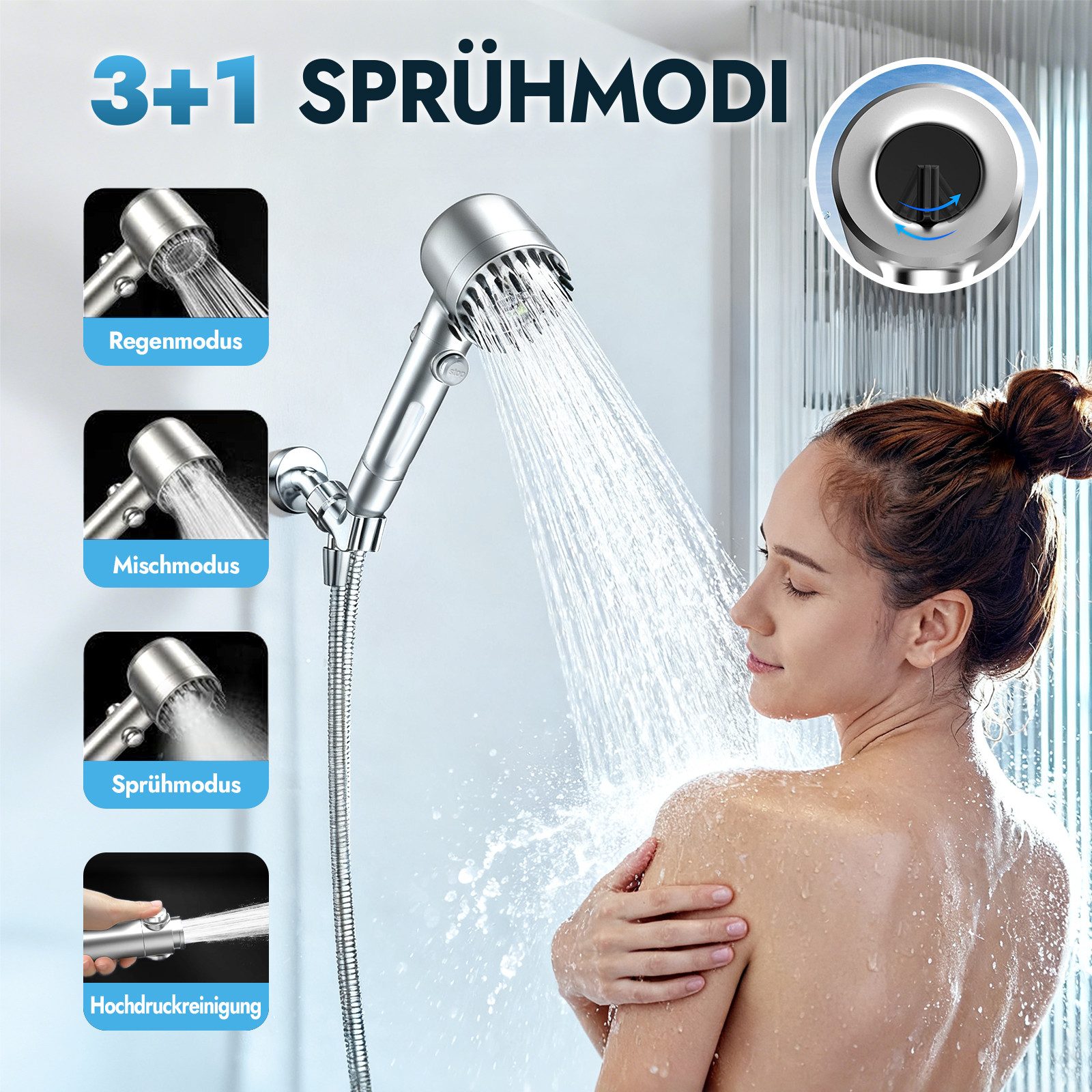 ANYSUN Handbrause Duschkopf mit Schlauch und Filter, Chromfarben Wassersparend Hochdruck Duschkopf mit 3 Strahlarten