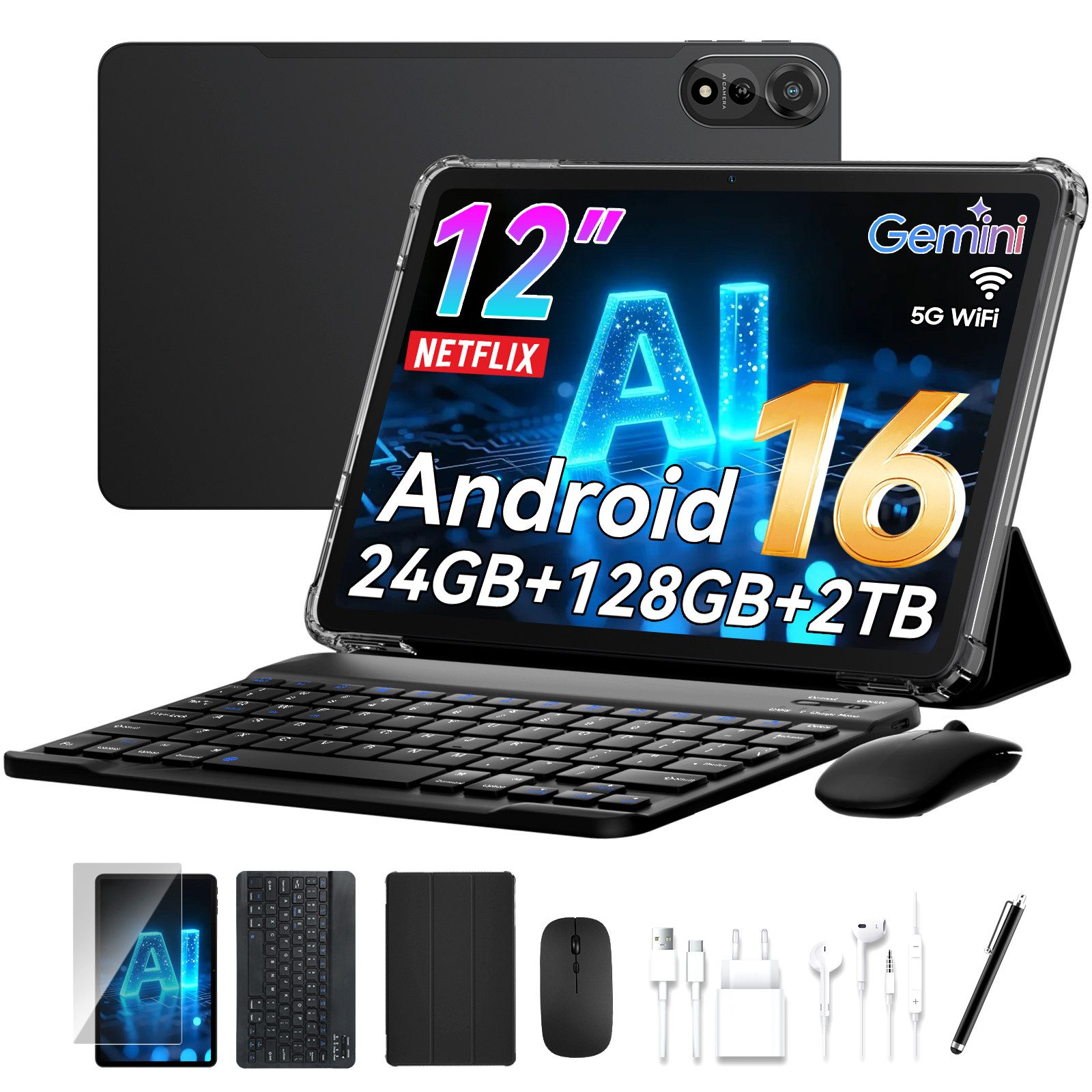 Nexall N90 12" Android 16 2K Display 4G LTE mit Tastatur Stift Maus Tablet (12", 128 GB, Android 16, 4G LTE, Android 16, 4G LTE, 2K Display, mit Zubehör/Kabel-Headset, 9000 mAh)