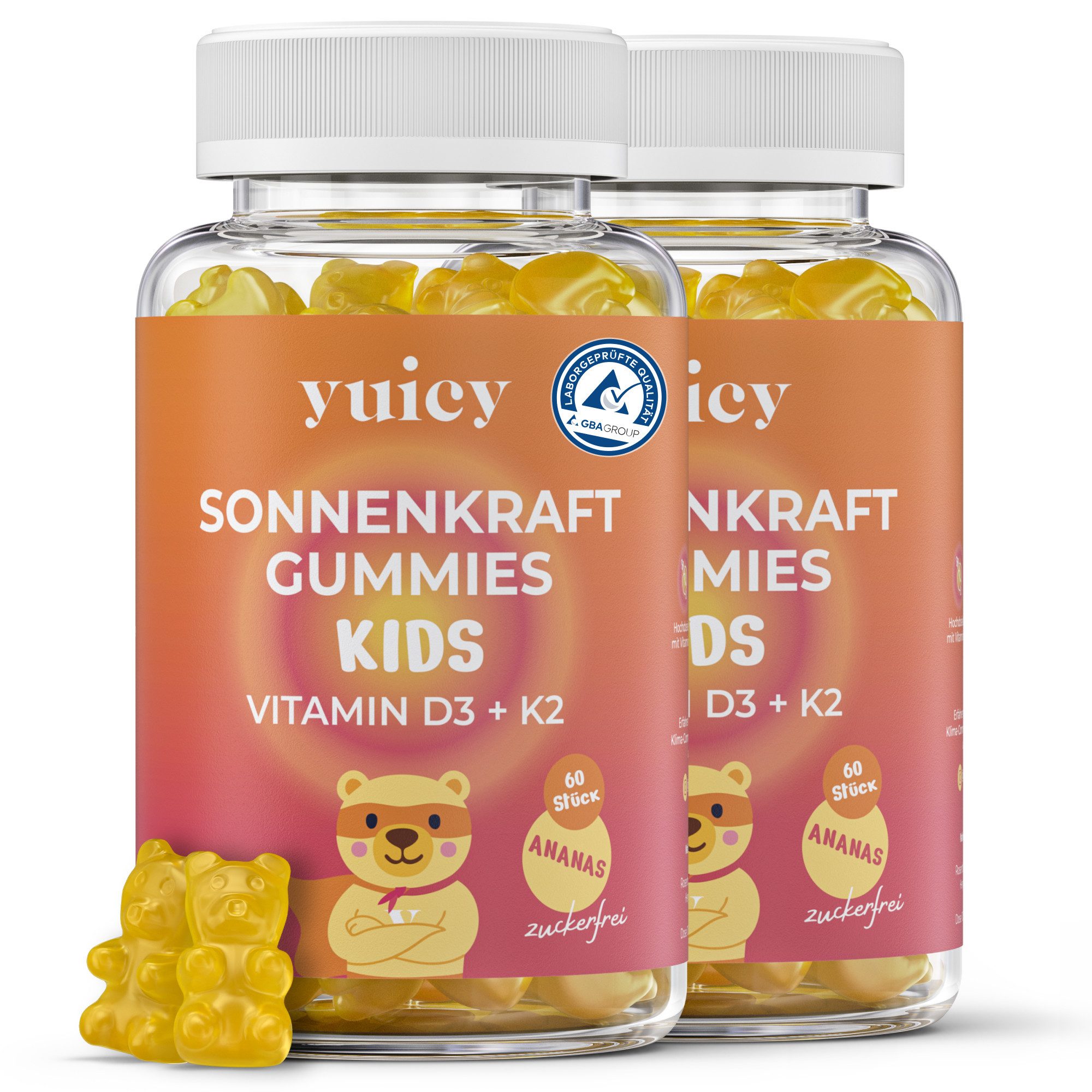 yuicy Kids Sonnenkraft – Vitamin D3 + K2 Gummibärchen für Kinder Gummies, 60 St., 300 g