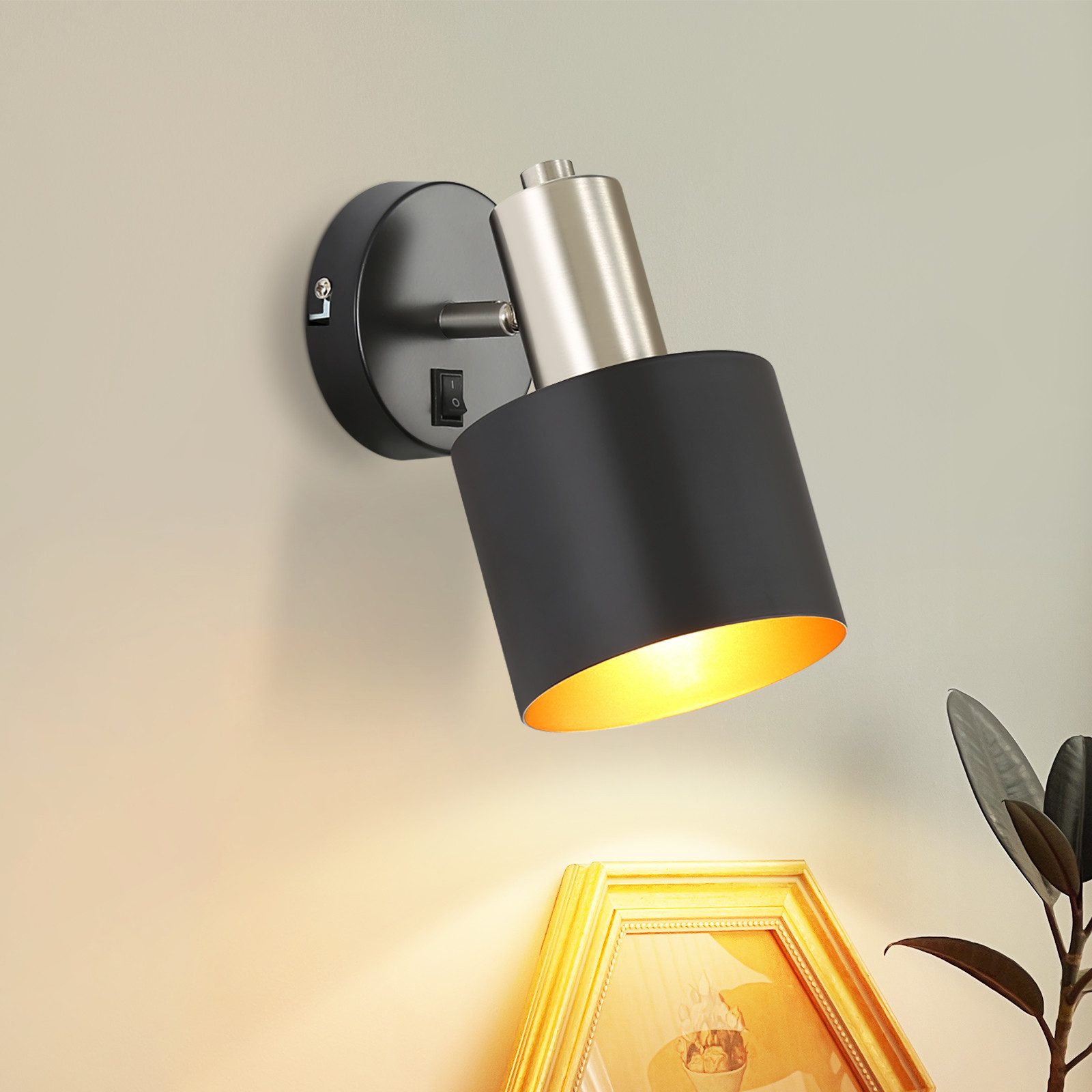 ZMH Wandleuchte Innen Schwarz-Gold Wandstrahler Vintage E27 Metall Schlafzimmer Flur, Einfache Installation, ohne Leuchtmittel, Industrial Wandbeleuchtung mit Schlater 330° Schwenkbar