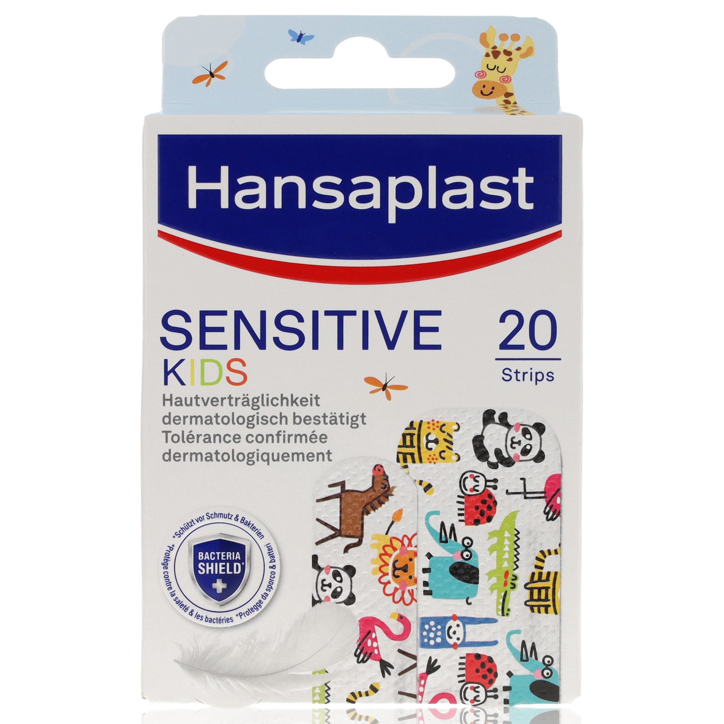 Hansaplast Wundpflaster Hansaplast Sensitive Kids 20Stk (Tiermotive, 20 St., 14 Strips 72x19mm & 6 Strips 72x30mm), hypoallergen, schmerzfrei zu entfernen, atmungsaktiv