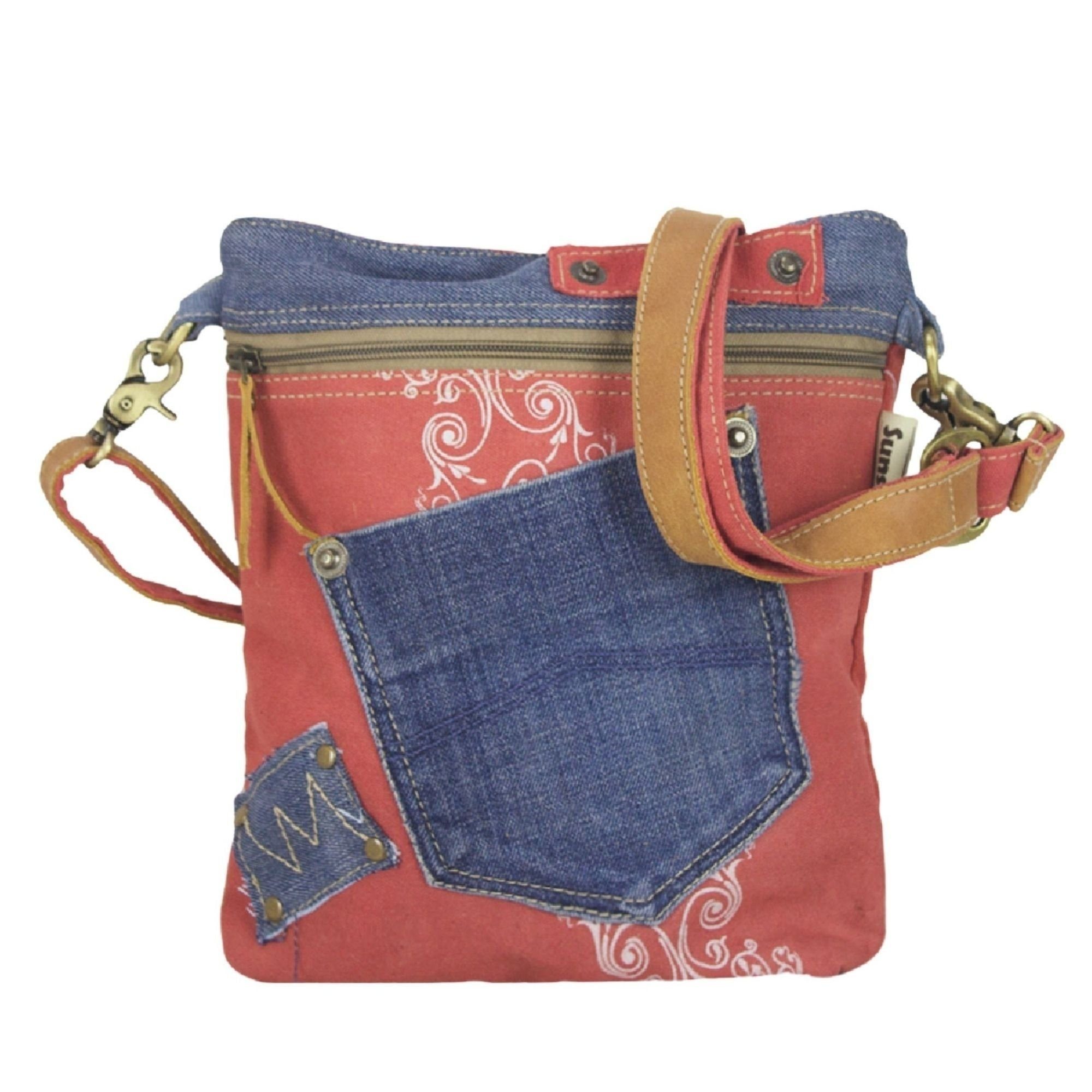 Sunsa Umhängetasche Umhängetasche Upcycling Tasche Crossbody bag Jeanstasche rot, Upcycling Jeans
