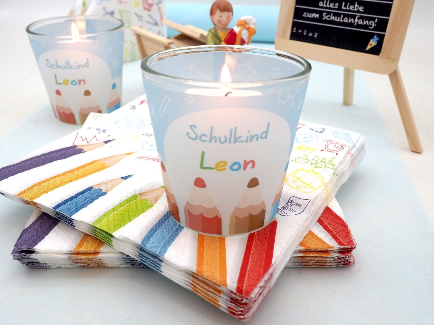 ZauberDeko Tischdecke Tischdeko Einschulung Schulanfang Junge Blau Schule Personalisiert SET