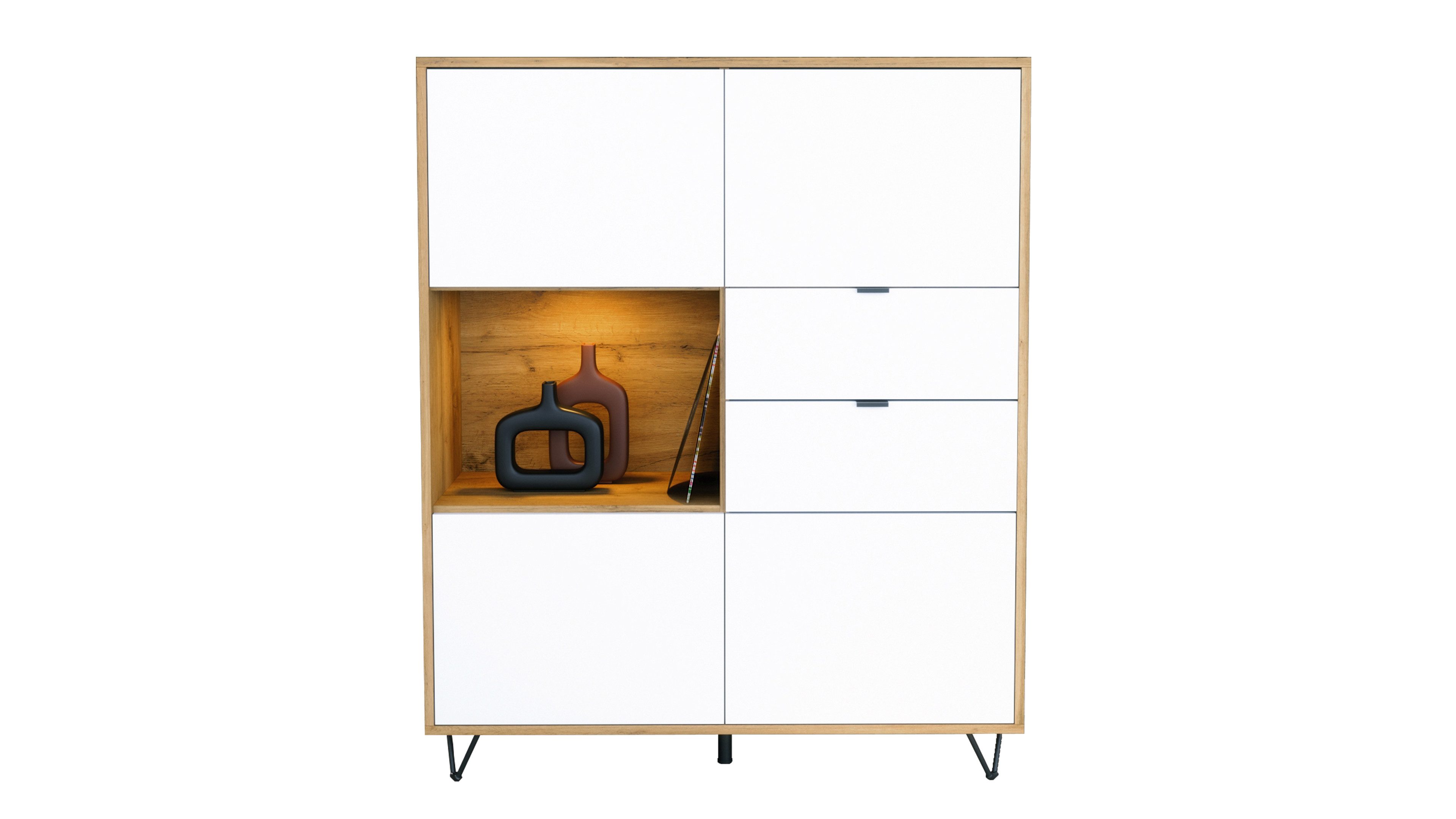 Vladon Highboard Marino (Highboard mit 4 Tür Weiß matt, 2 Schubladen Weiß matt, inkl. LED, Made in Germany), Korpus Eiche Evoke (103 x 125,5 x 37 cm)