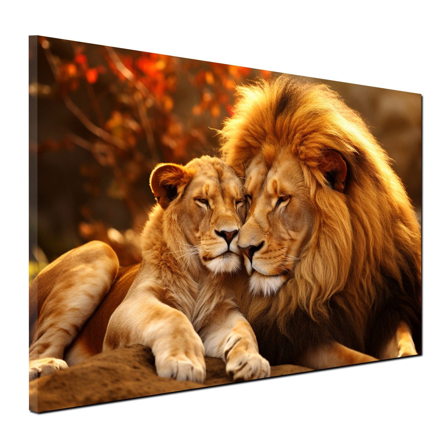 Artedinoi Leinwandbild Löwenpaar Sonnenuntergang Liebe warm Leinwandbild Kunstdruck XL Deko, Löwenpaar im Sonnenuntergang