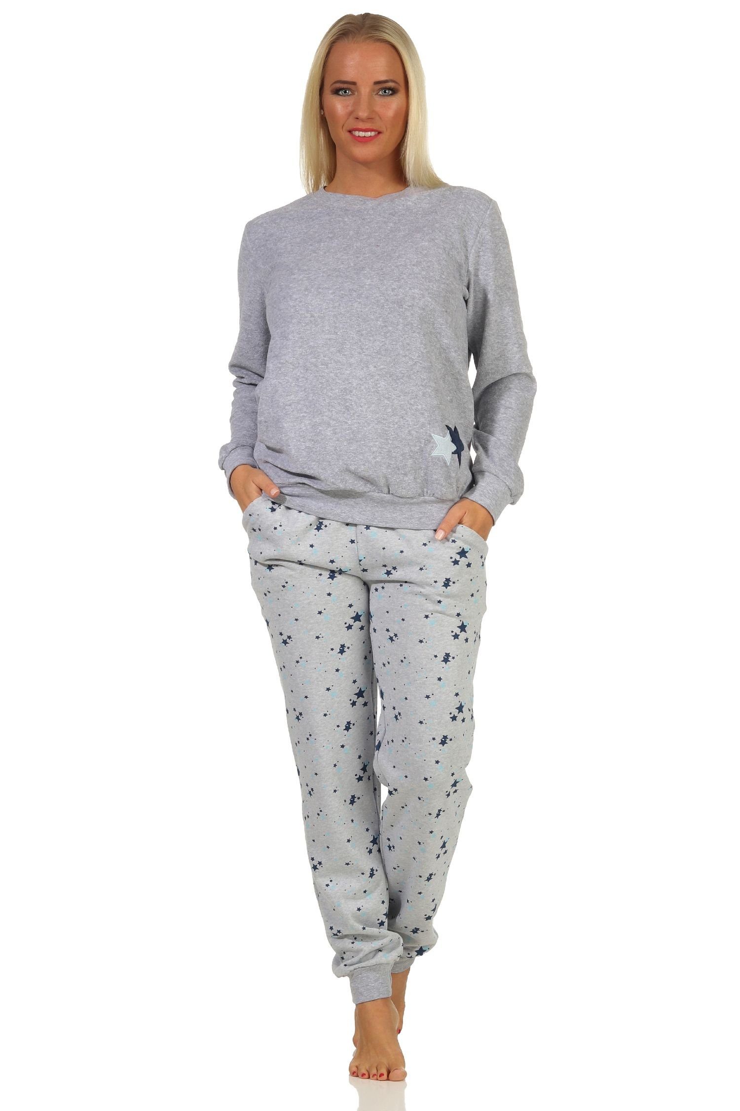 Normann Pyjama Damen Frottee Pyjama Motiv mit grau-melange als Sterne in Übergröße -auch Bündchen