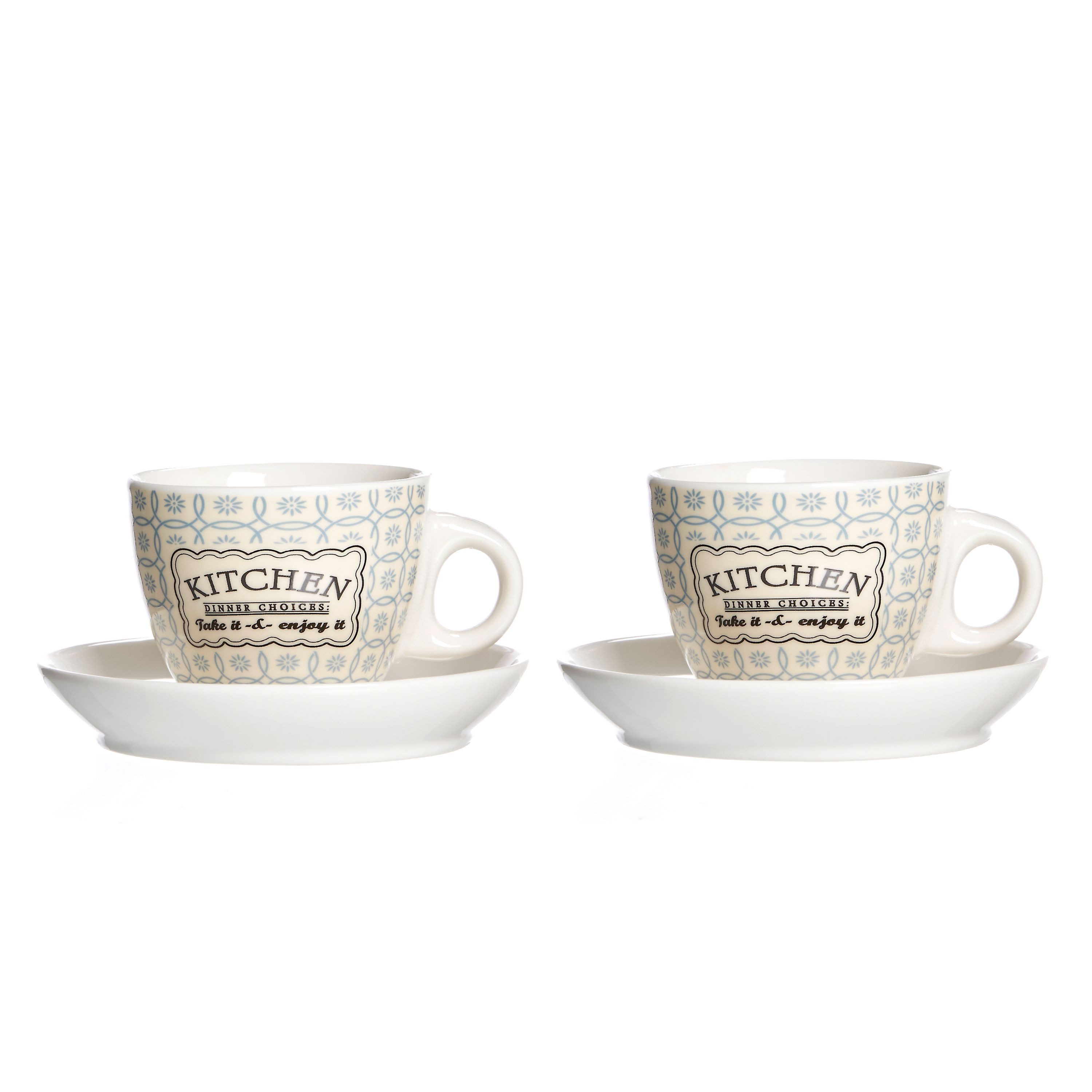 Ritzenhoff & Breker Tasse 2er Set Espressotassen + Untertassen 80ml Creme/Blau Retro Kitchen, Porzellan