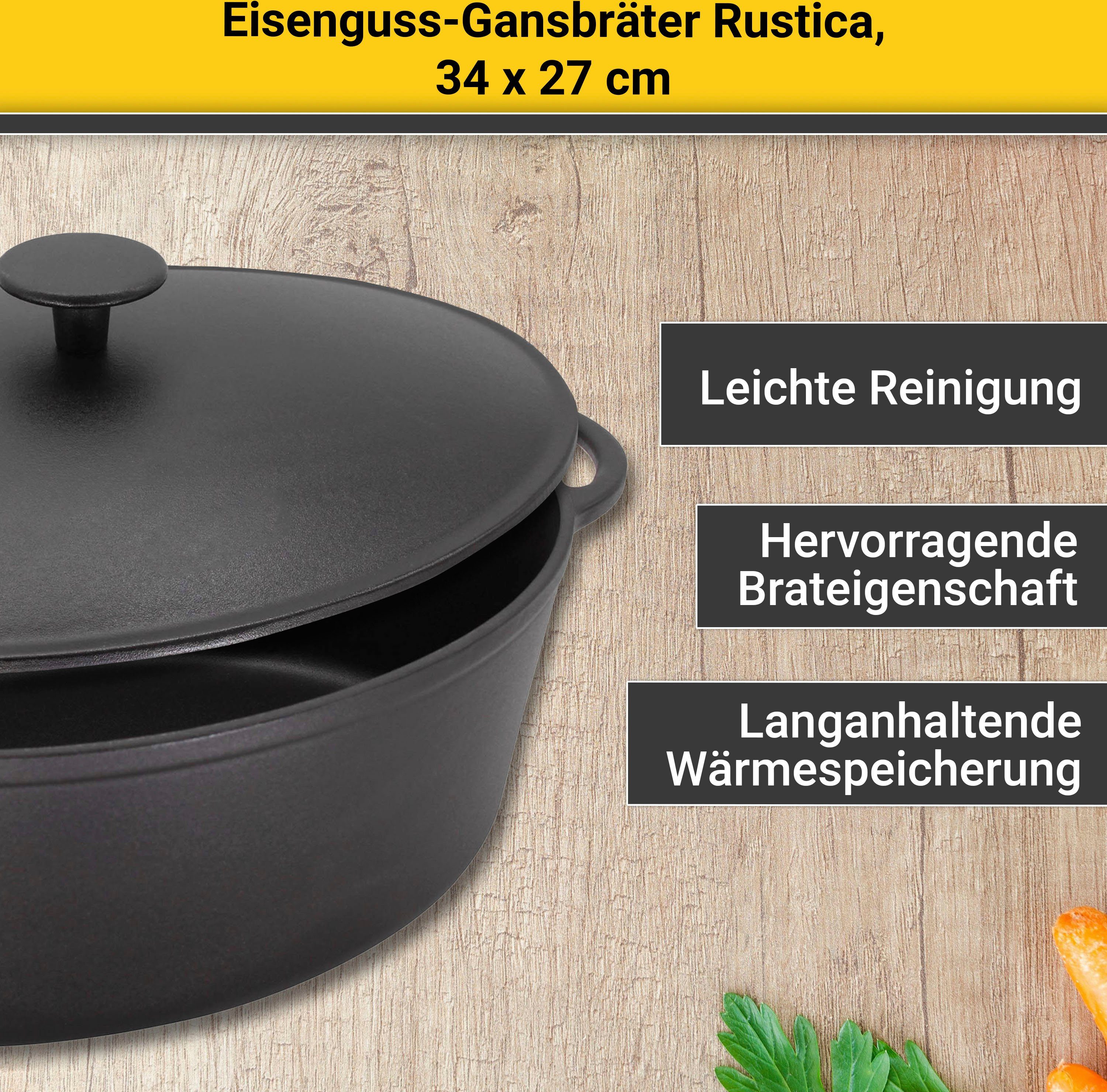 Krüger Bräter Eisenguss Gansbräter mit Deckel RUSTICA, 34 x 27 x 12,5 cm, Gusseisen (1-tlg), für Induktions-Kochfelder geeignet