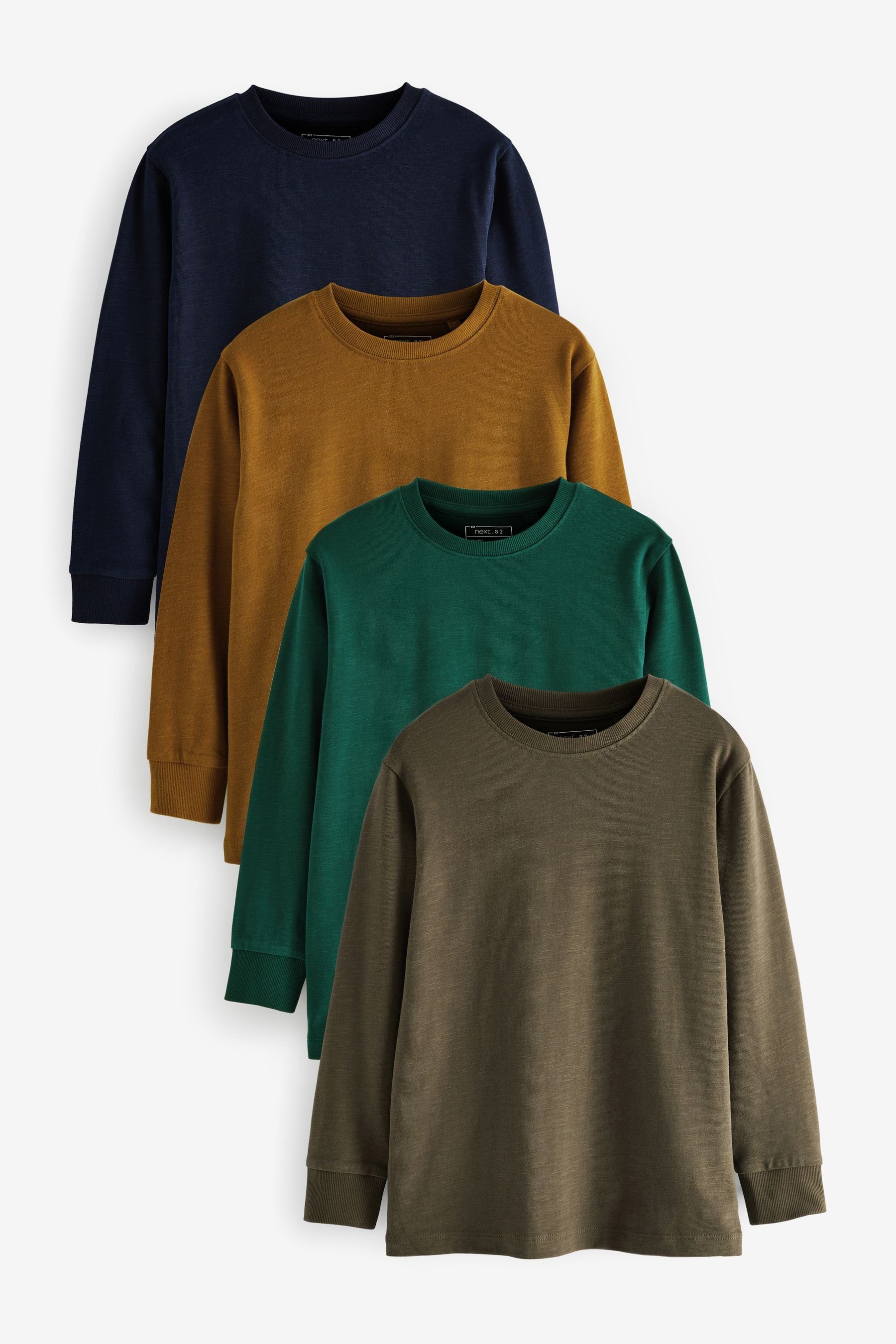 Next T-Shirt 4 x Langarmshirts mit Hirschstickerei (4-tlg) Tan Brown/Khaki Green