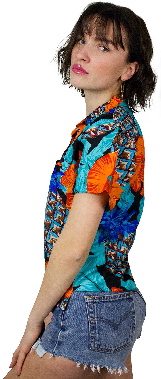 King Kameha Hawaiihemd Pineapple Hibiscus Funky Hawaiibluse Damen Kurzarm Front-Tasche